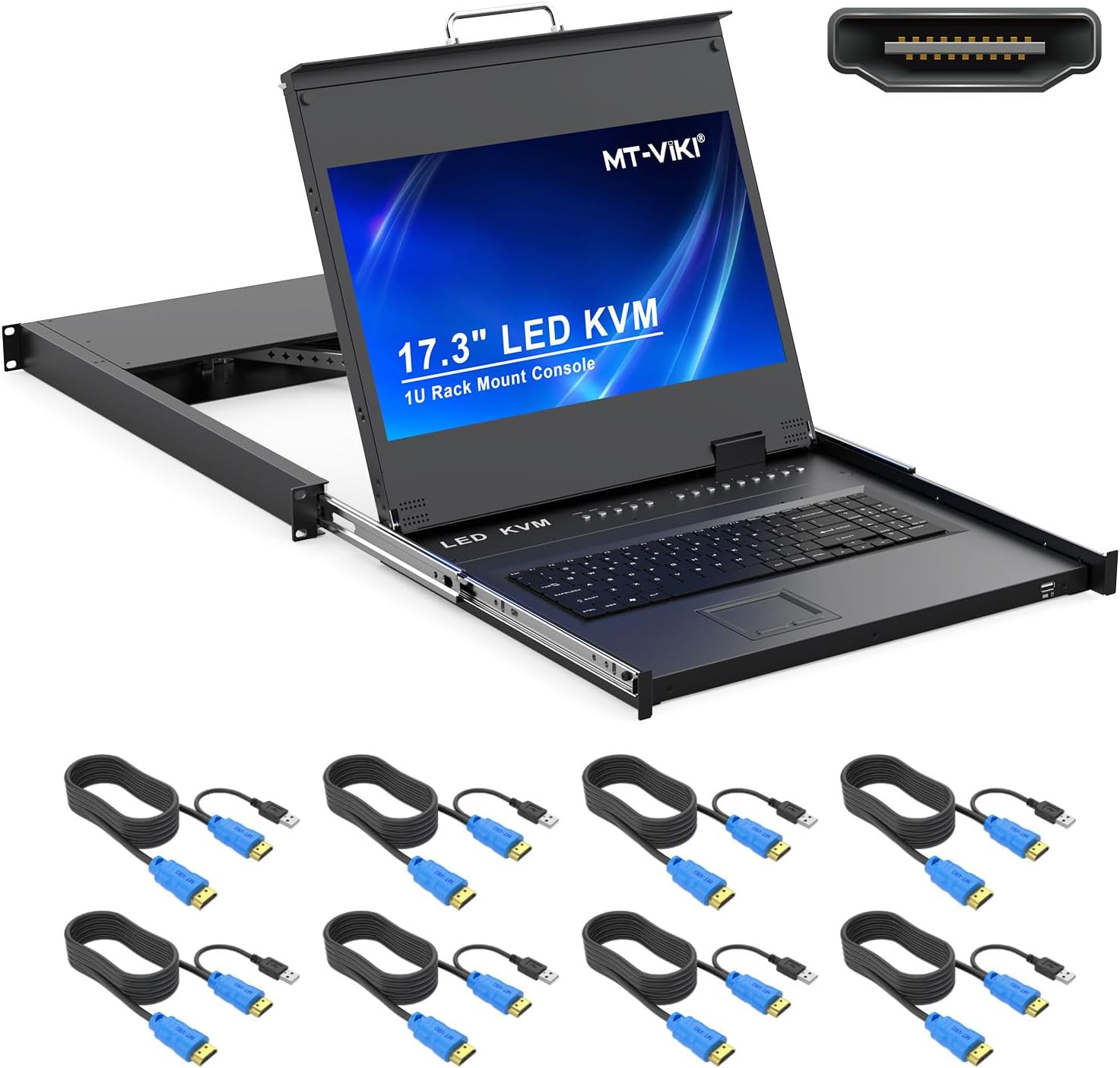 MT-VIKI Rack Mount KVM HDMI with 17.3'' LCD Monitor, 1080P Support Osd/Hotkey, Included 8 KVM Cables+Keyboard + Touchpad, Fit 1U 19'' Rack image number 3