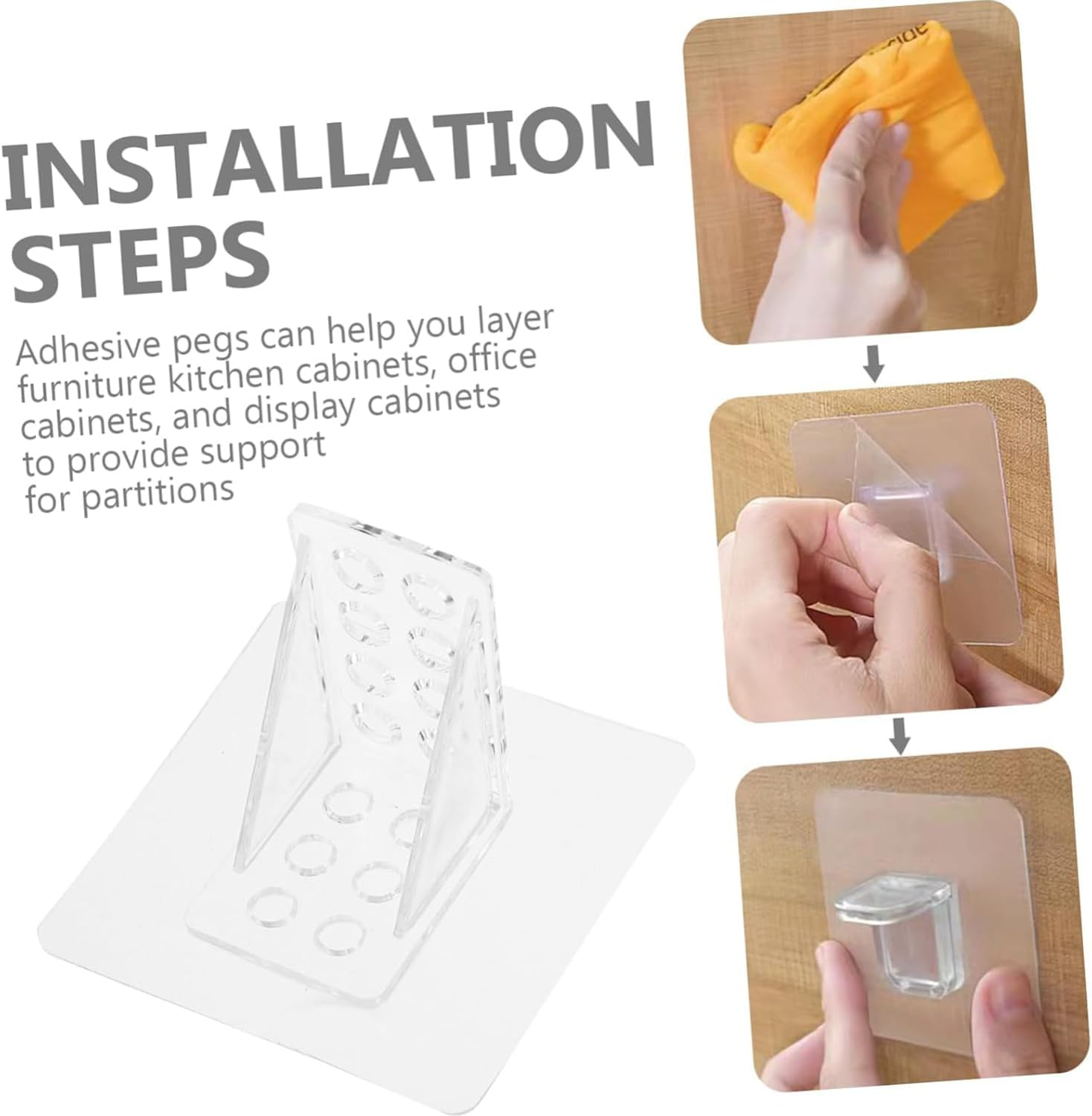 15Pack Adhesive Shelf Bracket, Punch Free Transparent Shelf Support Pegs for Shelves Kitchen Cabinet Closet Clapboard Layer，Clear Self Adhesive Bracket image number 4