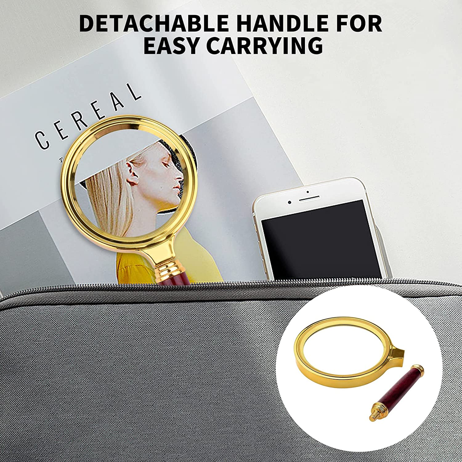 SAYEEC 10X Magnifying Glass, Handheld Reading Magnifier with Antique Mahogany Handle, 80Mm + 60Mm Magnify Glasses Lens, Magnifier Glass for Book Reading, Insect Observation, Classroom Science (2 Pcs) image number 6