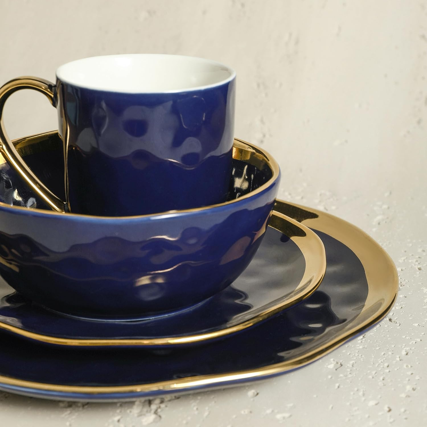 Stone Lain Porcelain 16 Piece Dinnerware Set, Service for 4, Blue and Golden Rim, Dark Blue - Blue With Gold Rim image number 2