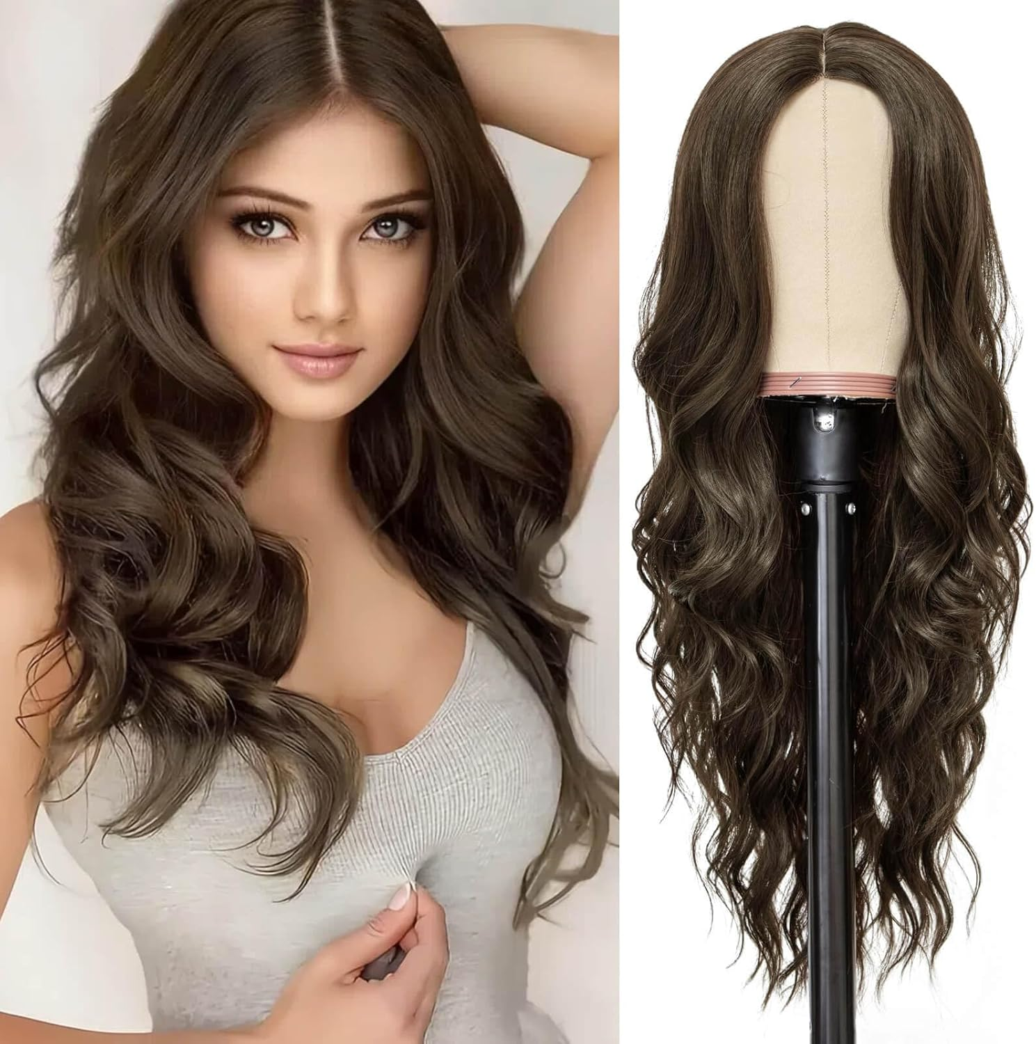 BECUS 24 Inch Long Brown Wigs for Women Middle Parted Wavy Natural Synthetic Curly Hair Wig - Black image number 6