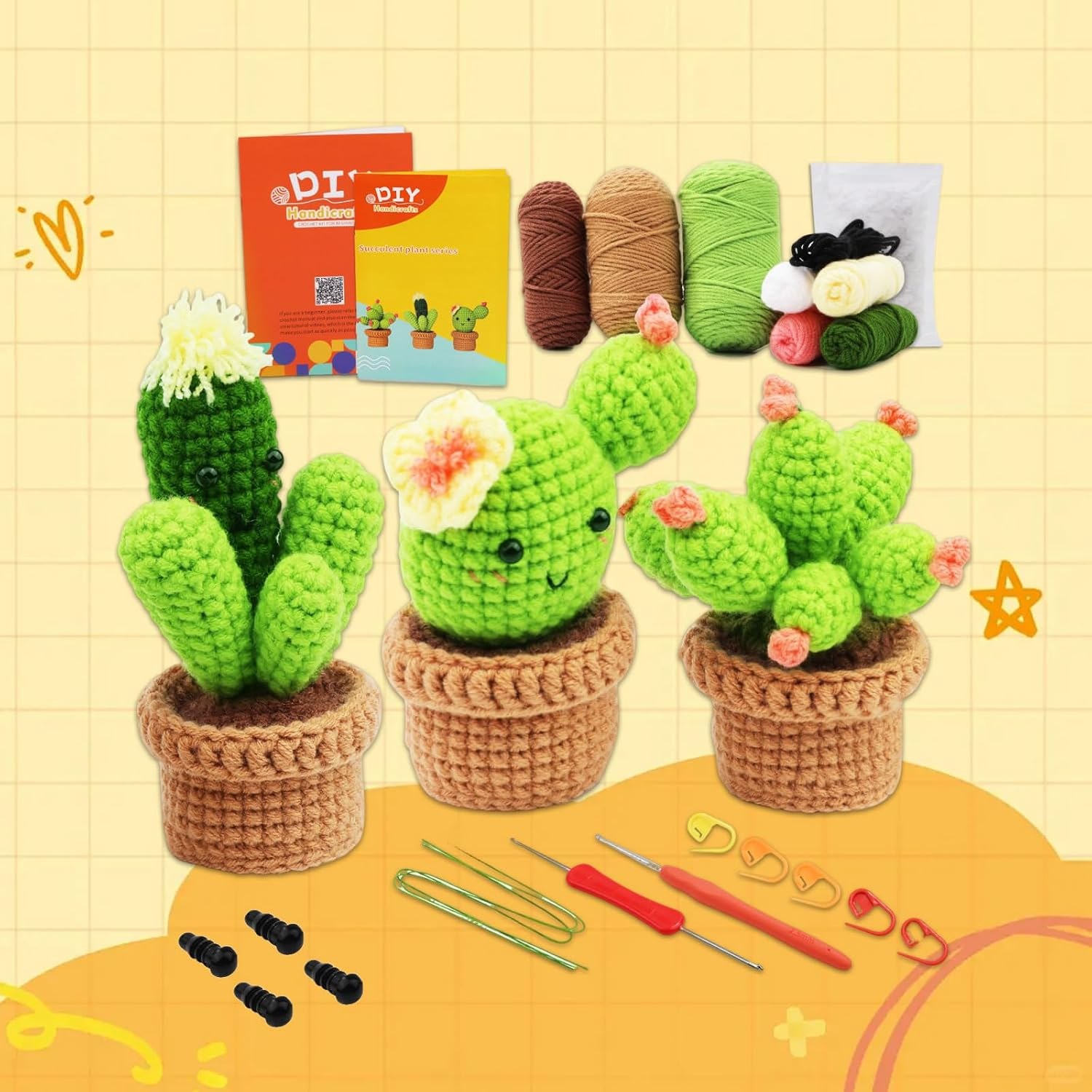 3 Pcs Crochet Kit for Beginners, Complete Crochet Kit for Beginners Adults, with Video Tutorials, Detailed Instructions, Yarn, Crochet Hooks, Stitch Markers, Floral Wire, Polyester Fiber