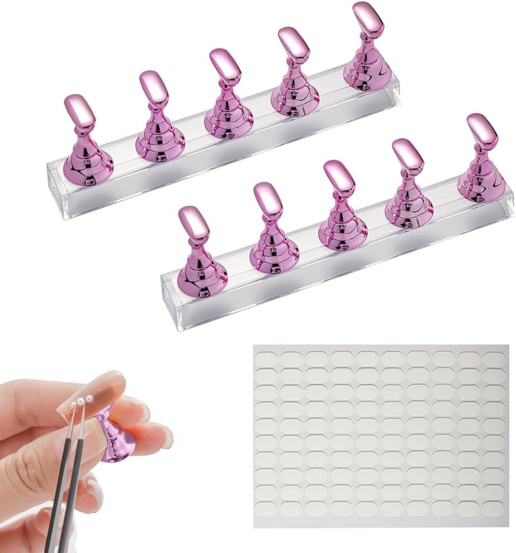 OUDQFCJ Set of 2 Nail Stands for Press-On Nails Display Acrylic Nails Art Practice Stand Nails Tips Holder DIY Nail Art Stand for False Nail Tips Manicure Tool Pink