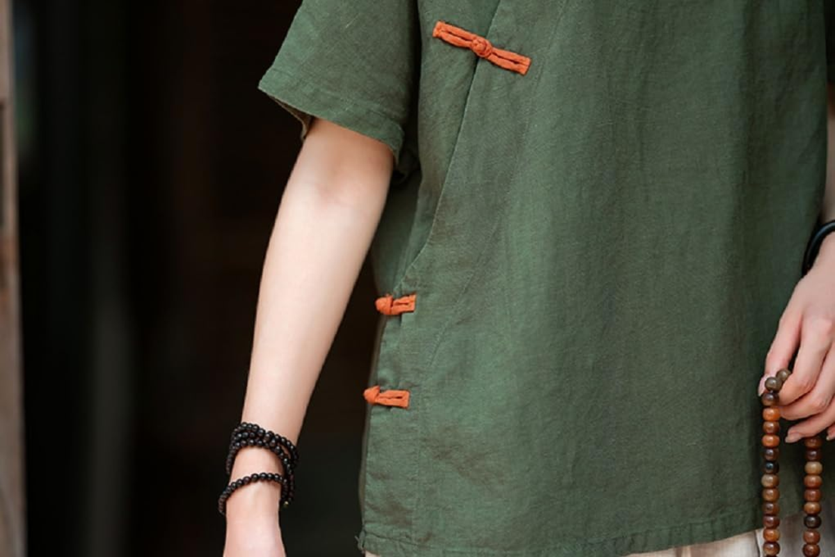 Women'S Chinese Linen Top Tang Style Half Sleeve Shirt Frog Button Blouse image number 6