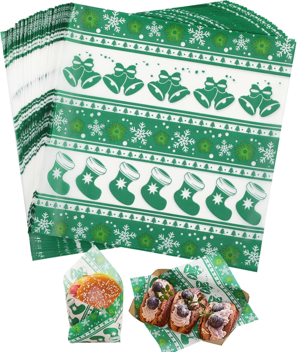 100 PCS Deli Paper Sheets 7X7 Inch, Christmas Decoration Food-Grade Greaseproof Paper Food Basket Liners for Sandwiches, Burgers, Fries Wrapping Paper Sheets Green Christmas Tree Snowflake