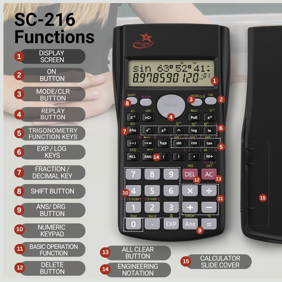 Red Star Tec Scientific Calculator SC-216 - School Calculator for Students Scientific Non Graphing Calculator & Non Graphing Suitable for Business Use image number 5