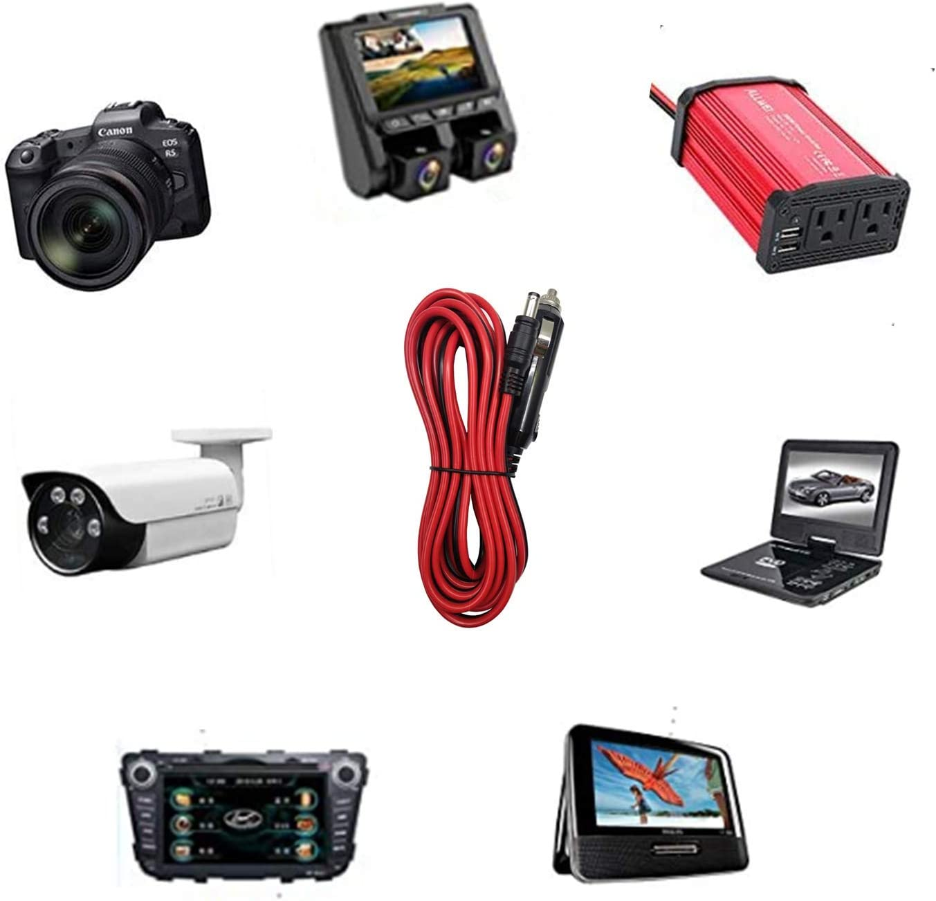 AEISVIK DC Car Charger Cable - 12-24V DC Car Charger Auto Power Supply Cord Cigarette Lighter Male Plug to DC 5.5Mm X 2.1Mm Connector Extension Cord for Portable DVD Player, Car, Camera (10FT) image number 6