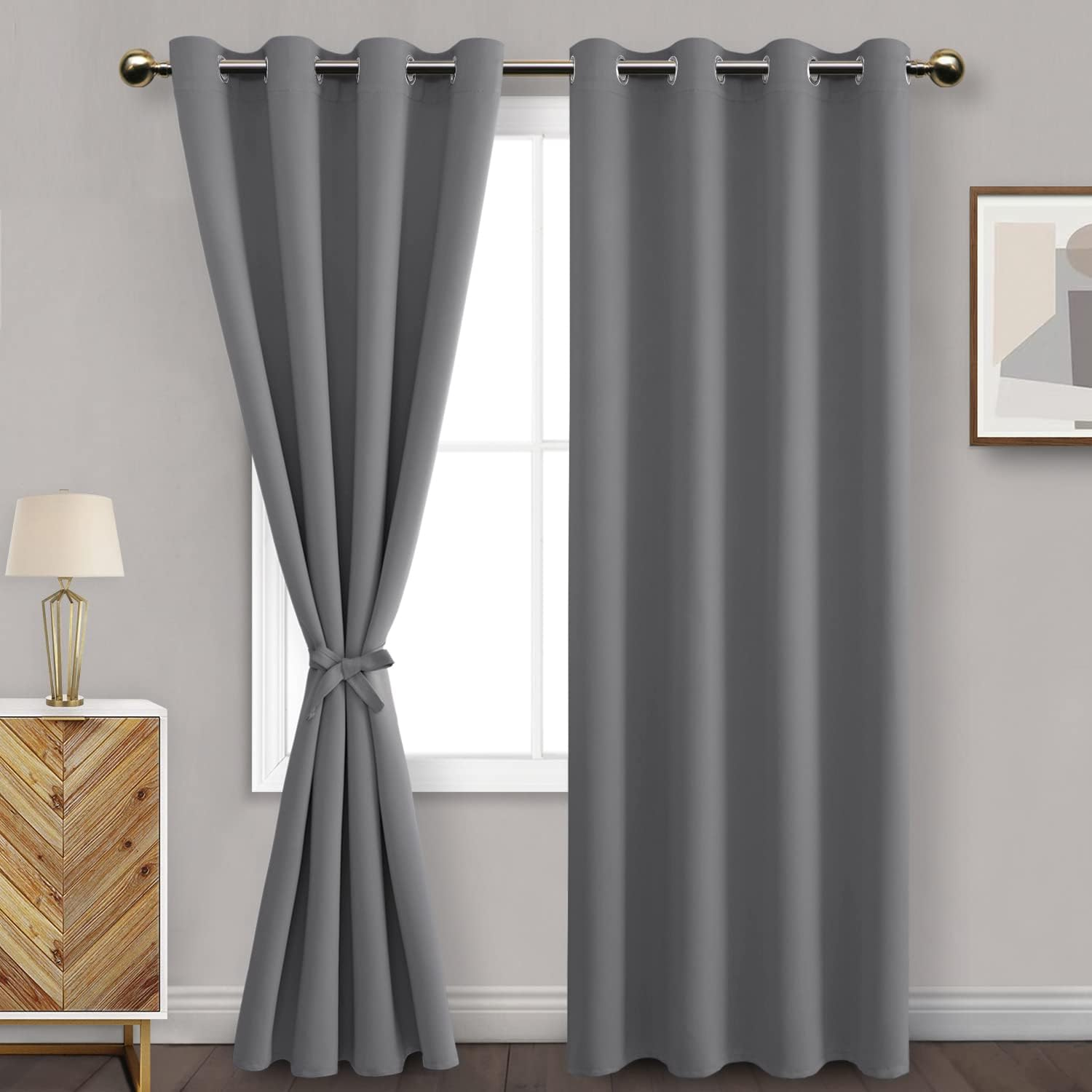 DWCN Grey Blackout Curtains for Bedroom Sewn with Tiebacks - Thermal Insulated Light Blocking Grommet Window Curtains for Living Room, Set of 2 Drape Panels, Each W132 Cm X D214Cm, image number 6