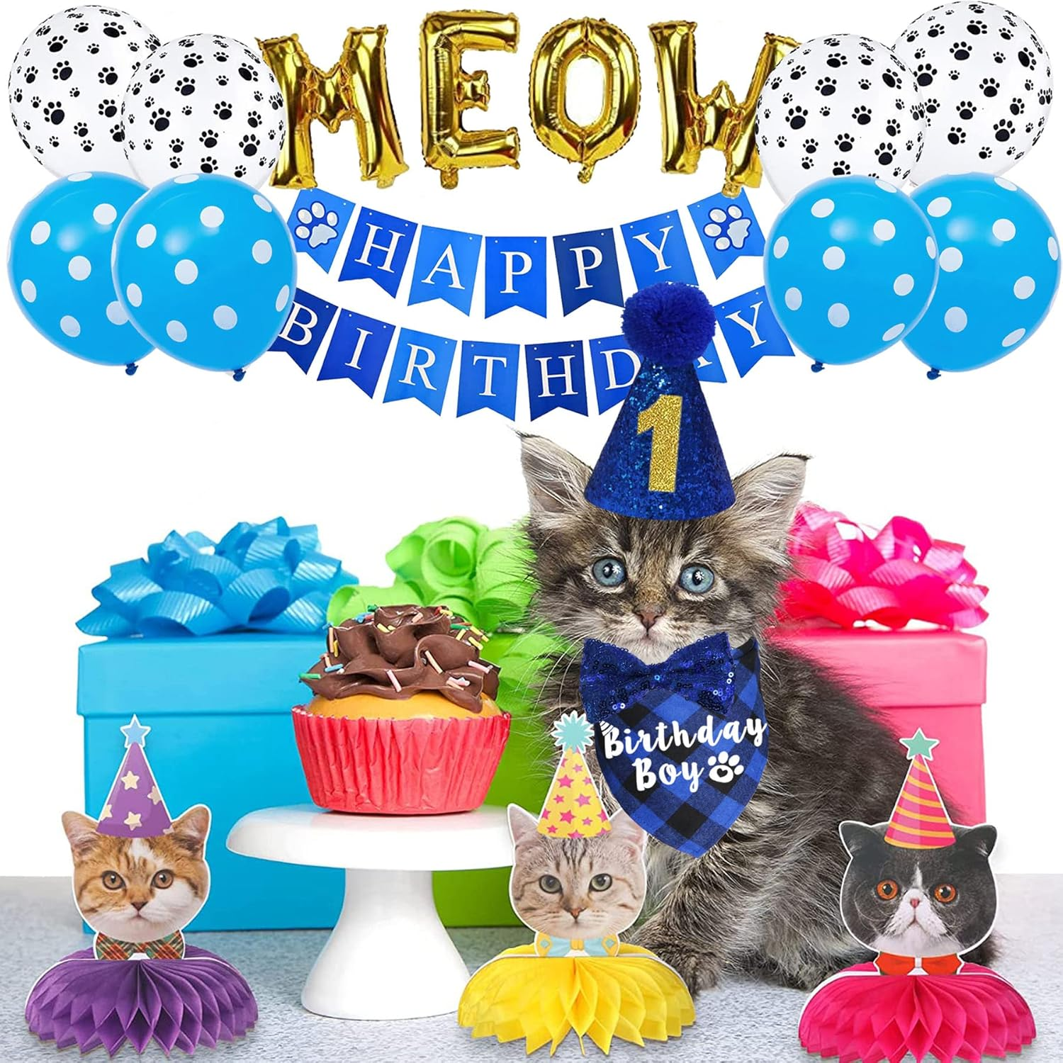 JOTFA Cat Birthday Party Supplies, Cat Birthday Bandana with Cat Birthday Hat Bow Tie Birthday Number Cat Birthday Banner Balloons Meow Letter Balloons for Cat Kitten Birthday Decorations image number 4
