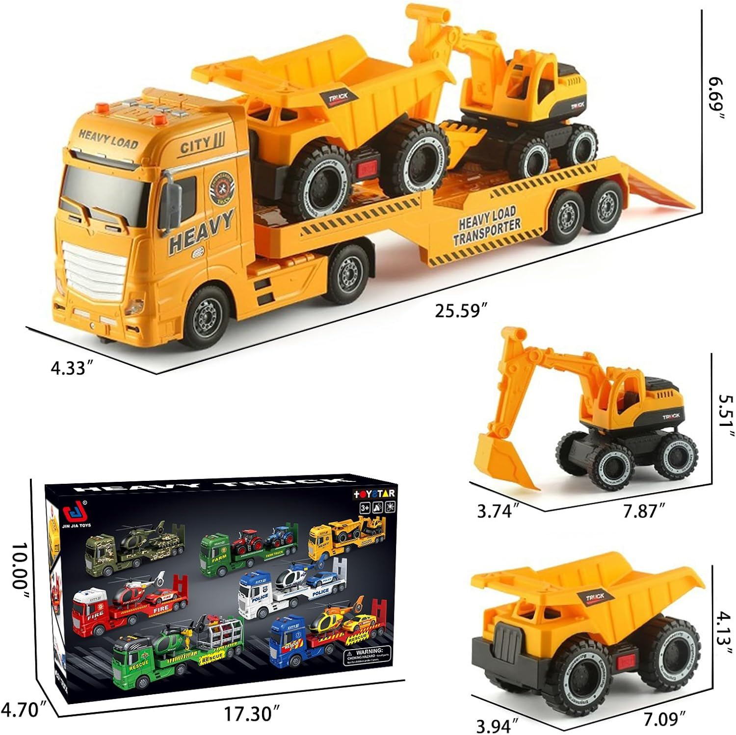 Yiwsnust Large Flatbed Semi Truck Toy for Kids, 25.6'' Construction Carrier Semi Truck with Excavator and Dump Trucks, Friction Powered Flatbed Semi Truck Kids Toy with Light & Sound