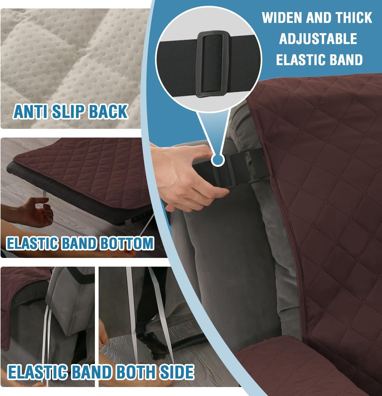 Smarcute 100% Waterproof Recliner Cover 1-Piece Recliner Sofa Cover for 3 Cushion Couch Furniture Protector Cover with Non Slip Backing and Strap for Kids, Dogs, Pets(3 Seater, Chocolate) image number 7