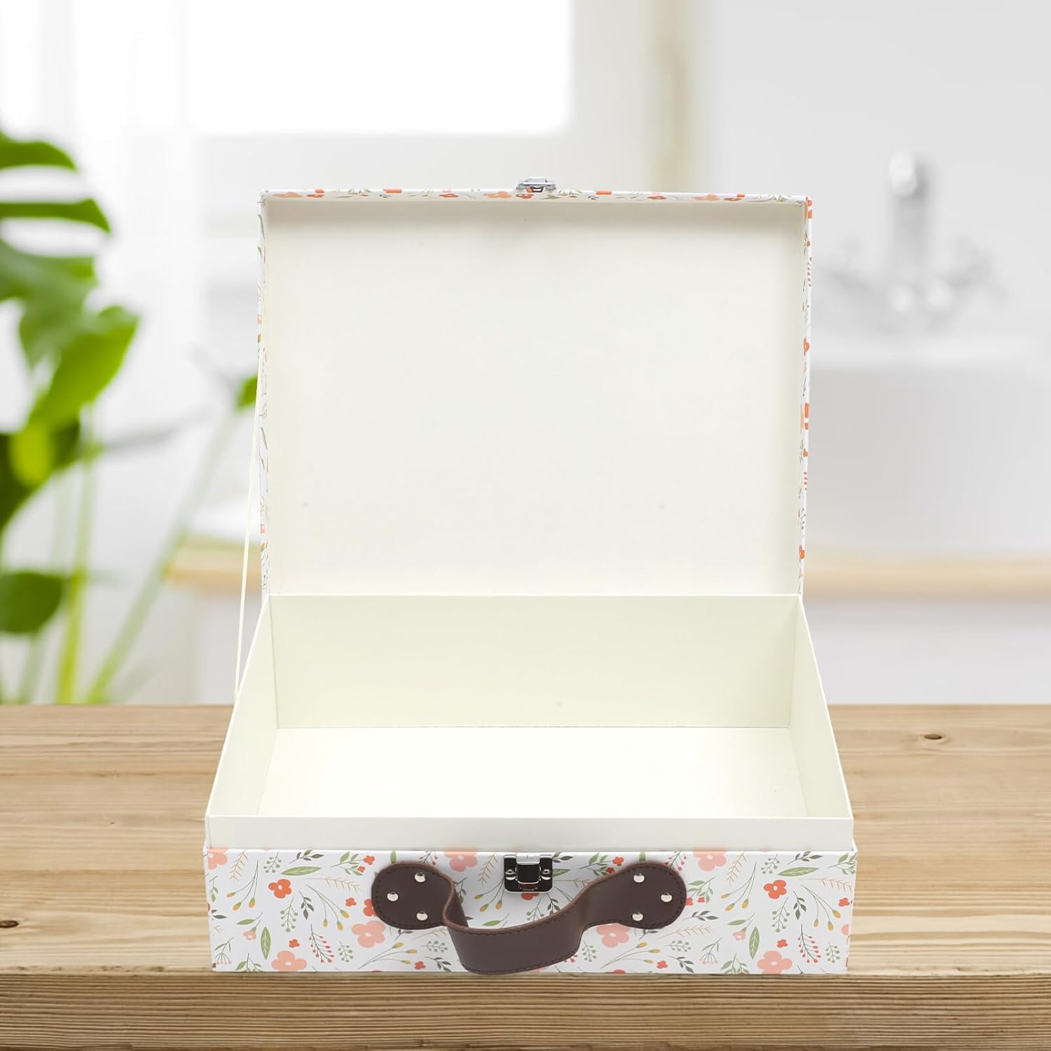 PRETYZOOM Paperboard Suitcase Portable Floral Print Luggage Case Decorative Travel Cardboard Storage Box with Handle for Wedding Birthday New Year image number 4