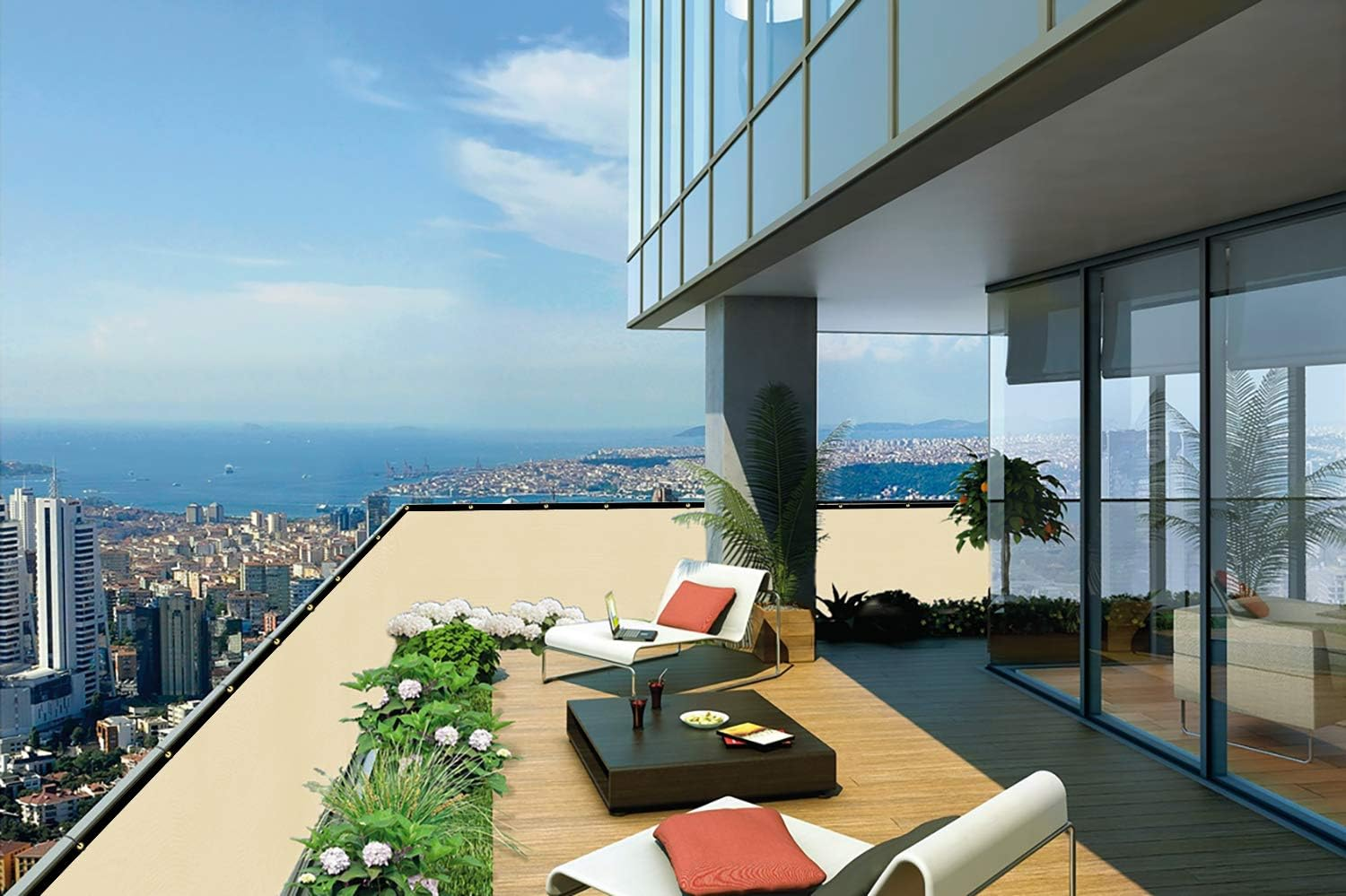 Dearhouse Balcony Privacy Screen Cover UV Protection Weather-Resistant Low Visibility Balcony Shield Cover with Cable Ties & Ropes (Beige) - Beige image number 5