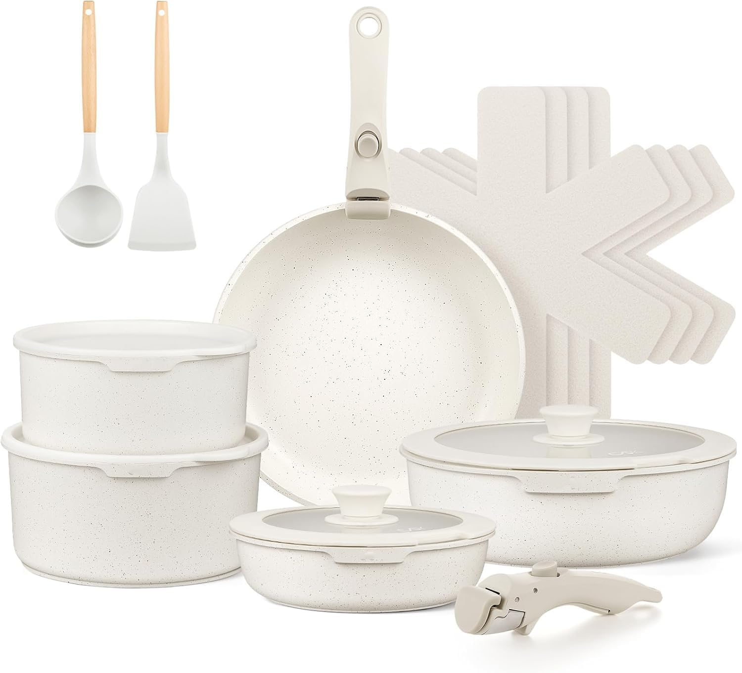 17 Pcs Pots and Pans Set Nonstick, Cookware Set Detachable Handl Kitchen Cooking Set with Utensil and Pan Protectors, PFOS and PFOA Free(White) image number 2