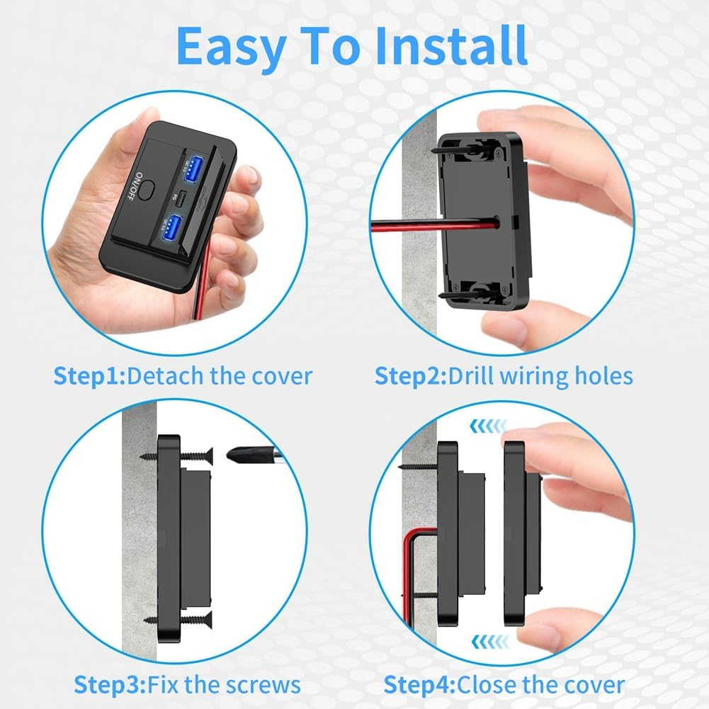 66W 12V Charger Panel Wall Mount QC3.0+PD3.0+QC3.0 USB Outlet Charger Socket Power Outlet for Car Marine Bus RV Truck