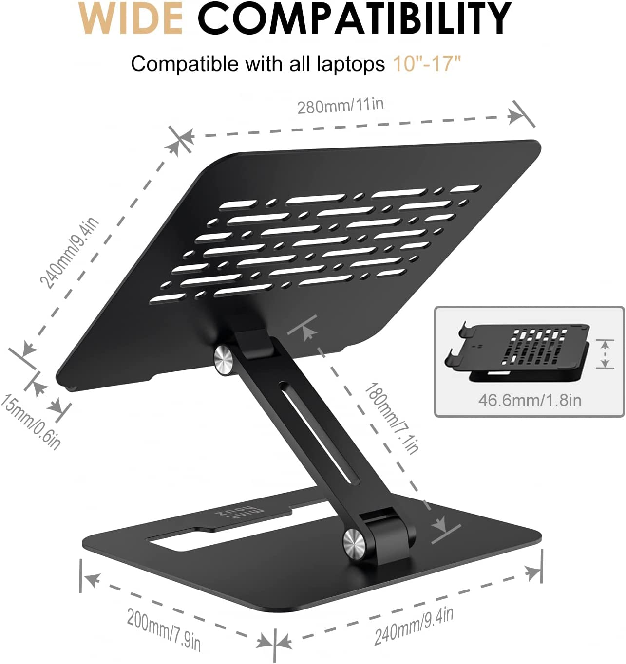 Foldable Laptop Stand, Minthouz Foldable Ventilated Aluminum Computer Riser with Heat-Emission Holes, Ergonomic Height Angle Adjustable Compatible with Macbook Pro/Air, All Laptops 10-17 Inch(Black)