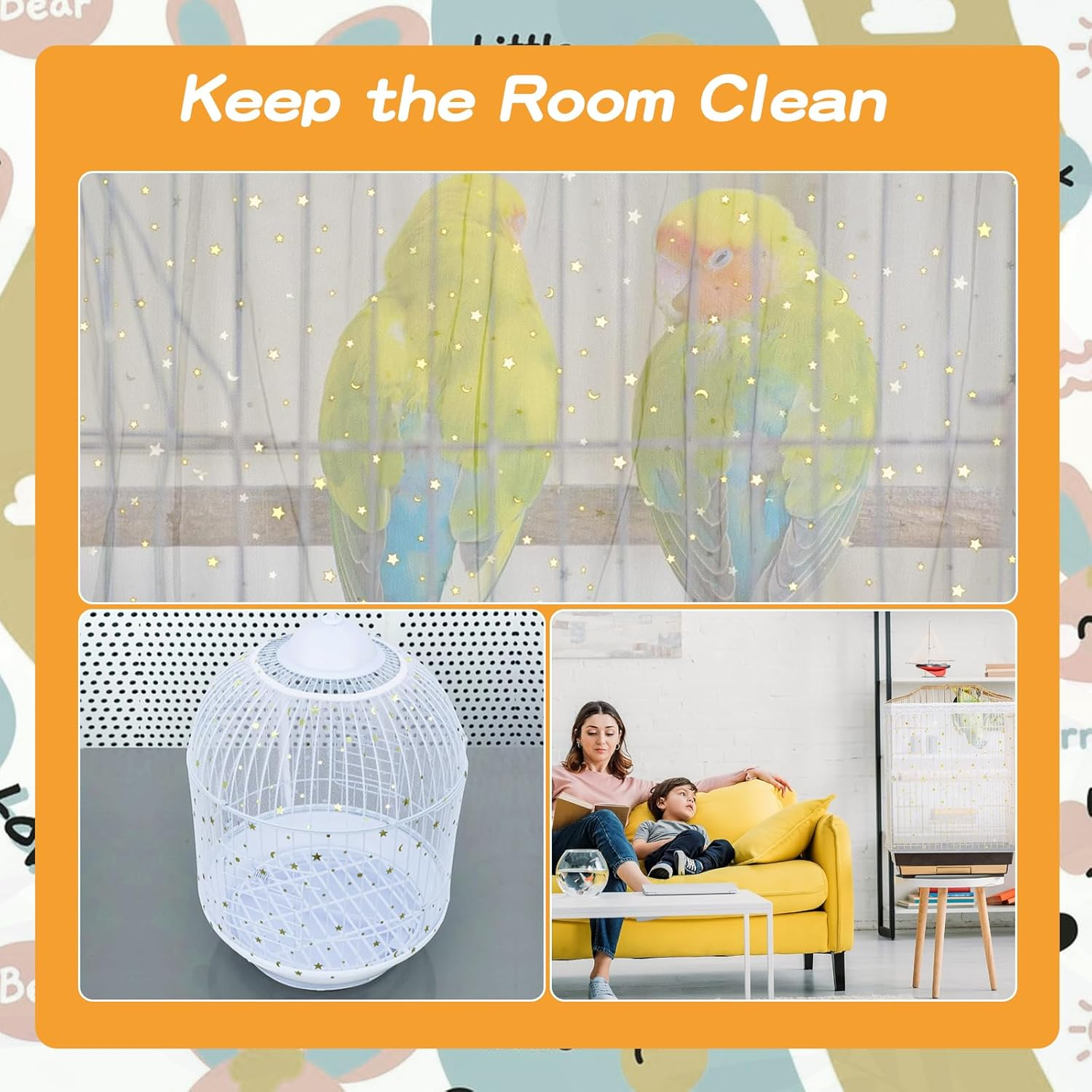 SUSOO Large Bird Cage Cover with Star Pattern Decoration- Bird Cage Seed Catcher with Adjustable Soft Nylon Mesh Net, Birdcage Cover Skirt Seed Guard for Cage Circumference 150Cm-220Cm/60&Prime;-86.6&Prime; image number 4