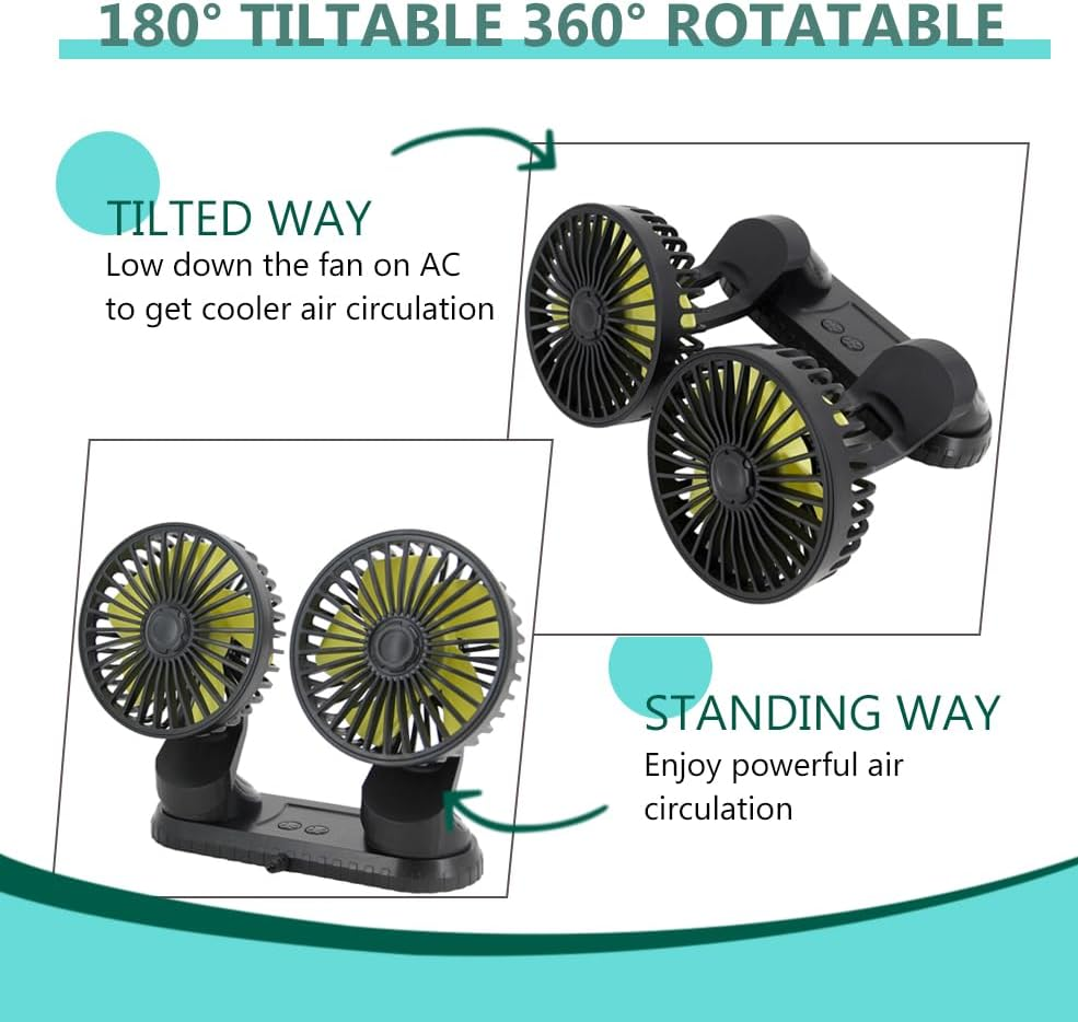 Reelau USB Car Fan for Driver, Dual Head 5V USB Car Cooling Fan for Central Console Super Strong Airflow Standing Desktop Fan Any Angle Adjustable Automobile Fan Vehicle Fan for Car Truck Van SUV RV image number 2