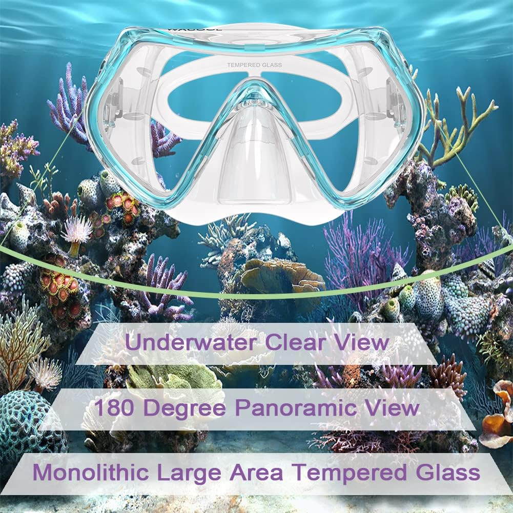 WACOOL Professional Adults Teens Kids Snorkeling Snorkel Diving Scuba Package Set with Anti-Fog Coated Glass Purge Valve and Anti-Splash Silicon Mouth Piece for Men Women image number 4