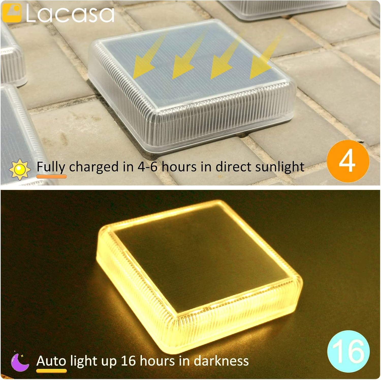 Lacasa 4-Pack Solar Deck Lights Outdoor Waterproof LED, Garden Step Lights Solar Powered Driveway Dock Lights Marine, Dusk to Dawn Lighting for Yard Patio Pathway, Square, Warm White image number 5