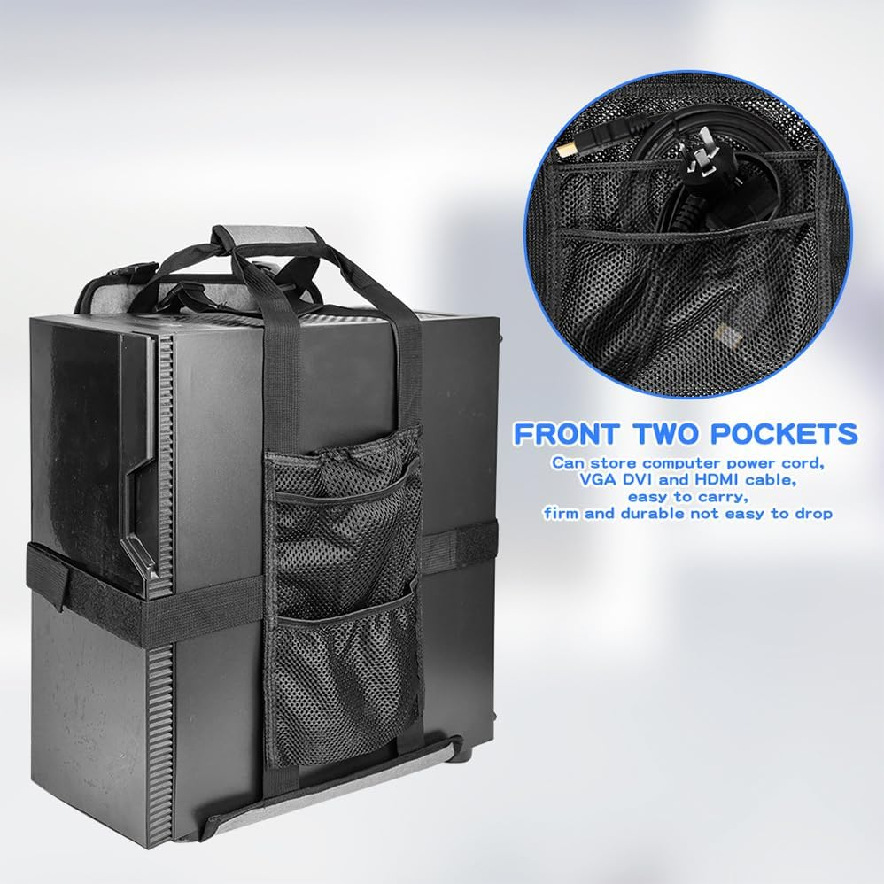 Pc Tower Carrying Strap, Computer Desktop Tower Large Carrying Case, Desktop Computer Case Belt Holder with Pockets for Keyboard, Cable, Headphone, Ideal for Transporting on the Go (Black) image number 4