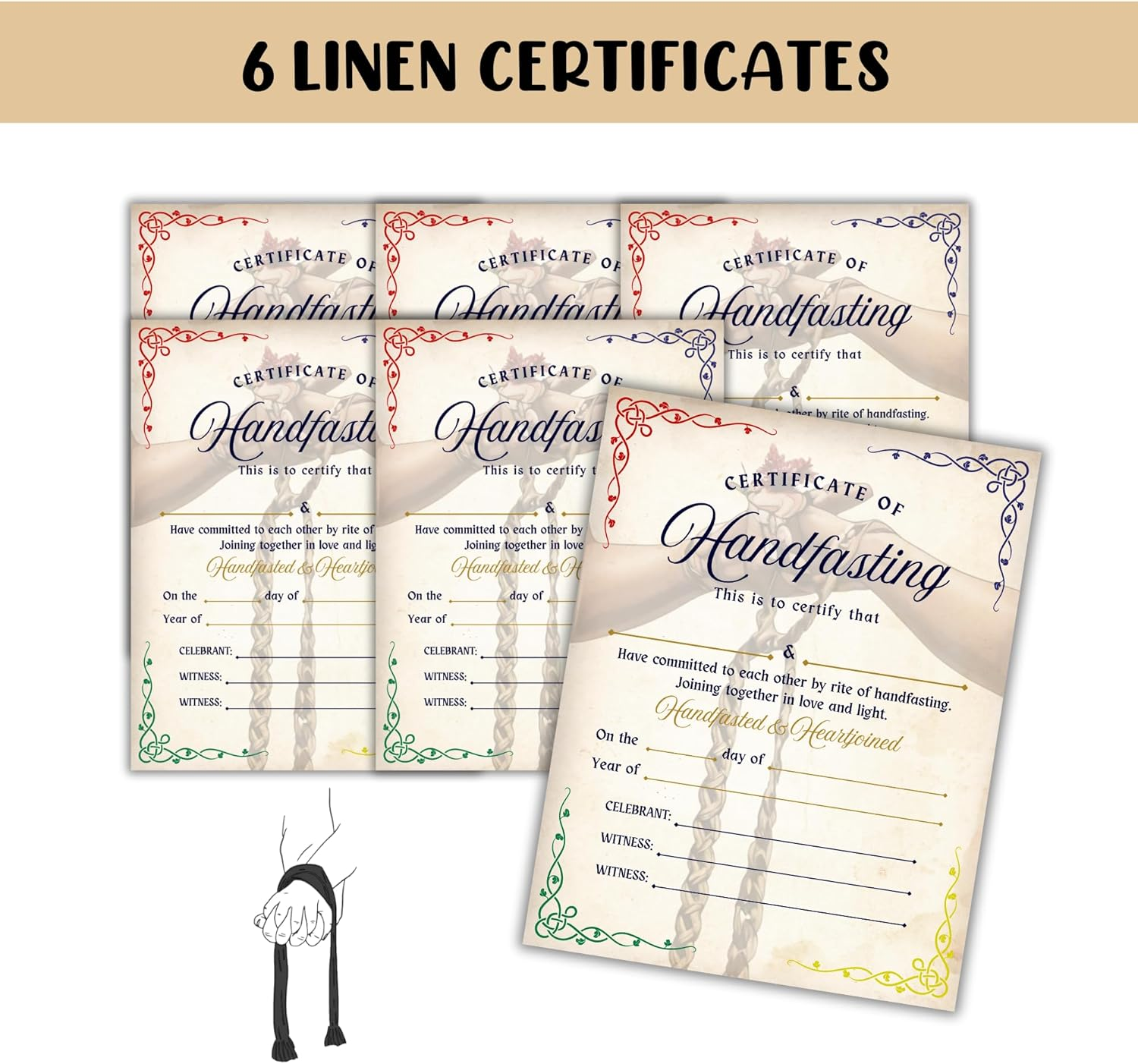 Handfasting Certificate Ceremony Cord Ribbon 6Pk 8.5X11&rdquo; on Linen Commitment Bound Celtic Medieval Secret Partner Parchment Marriage image number 2