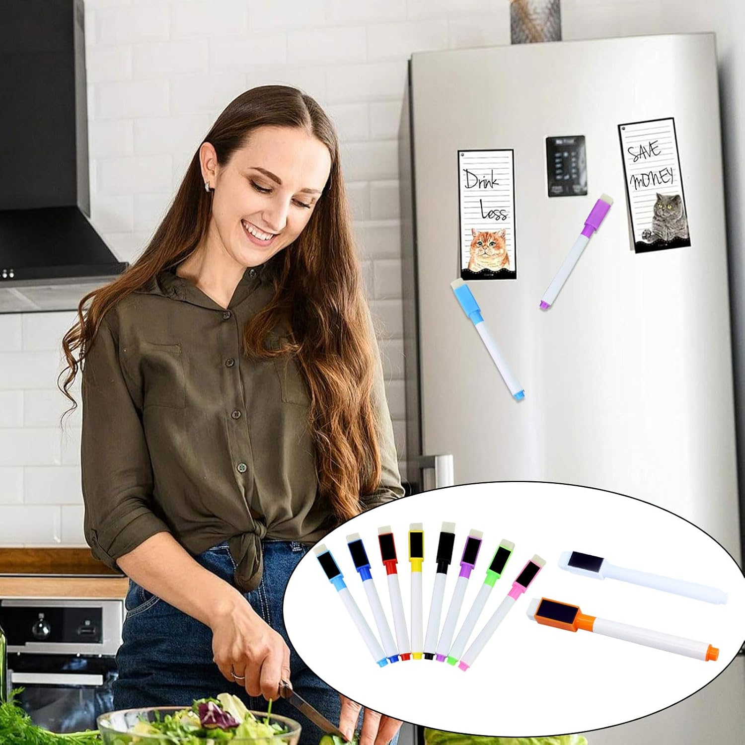 10 Pieces of Whiteboard Markers, Colorful Fine Bullet Washable Markers, Magnetic Dry Erase Markerswith Eraser, Office, Classroom, Teacher and Household Items