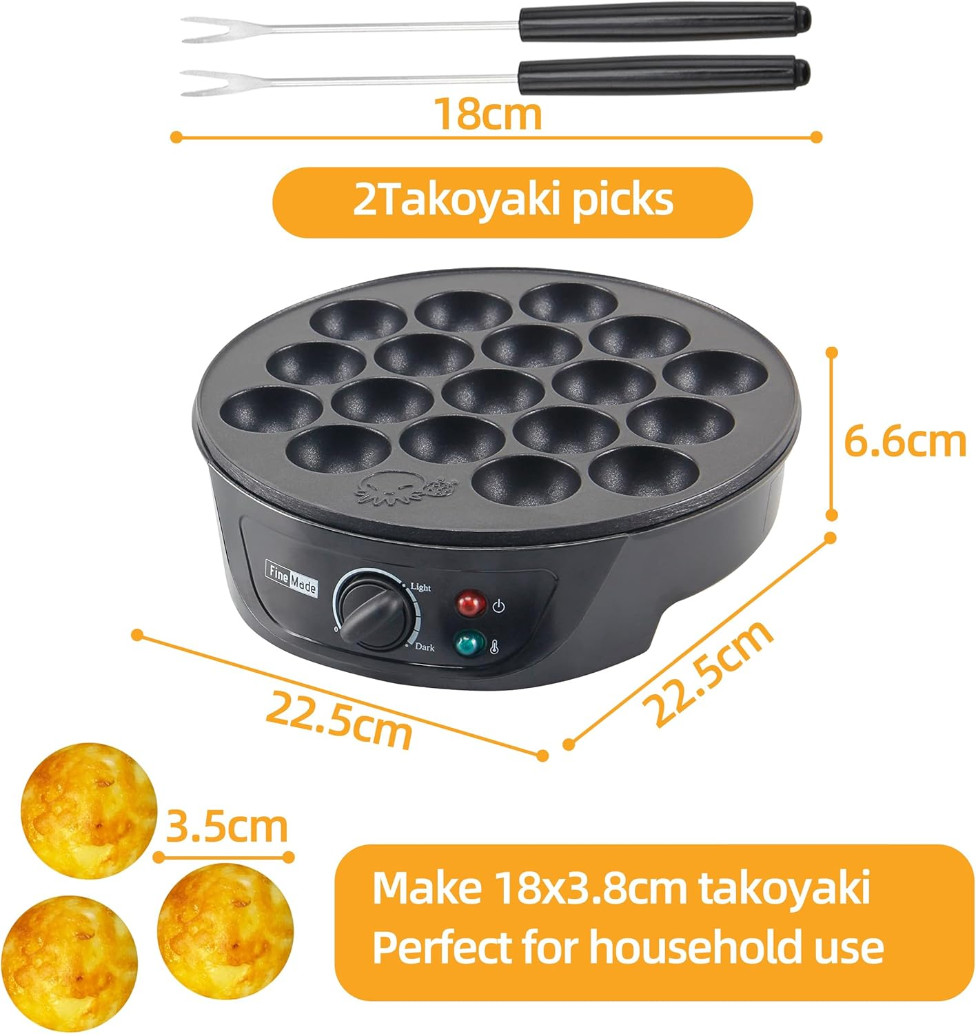 Kitment Electric Takoyaki Maker with Temperature Control, 18-Hole Octopus Ball Maker Machine for Japanese Takoyaki, Cake Pops & Mini Pancakes, Includes Tools, AU Plug image number 2