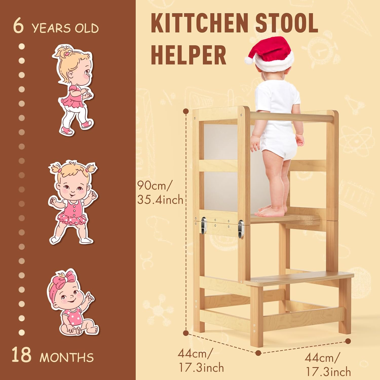 Kids Kitchen Step Stool - FSC Certification, Foldable Anti-Slip Learning Tower with Message Boards| Toddler Standing Tower, Montessori Kitchen Helper and Learning Tower, Toddler Tower, Natural Bamboo image number 4