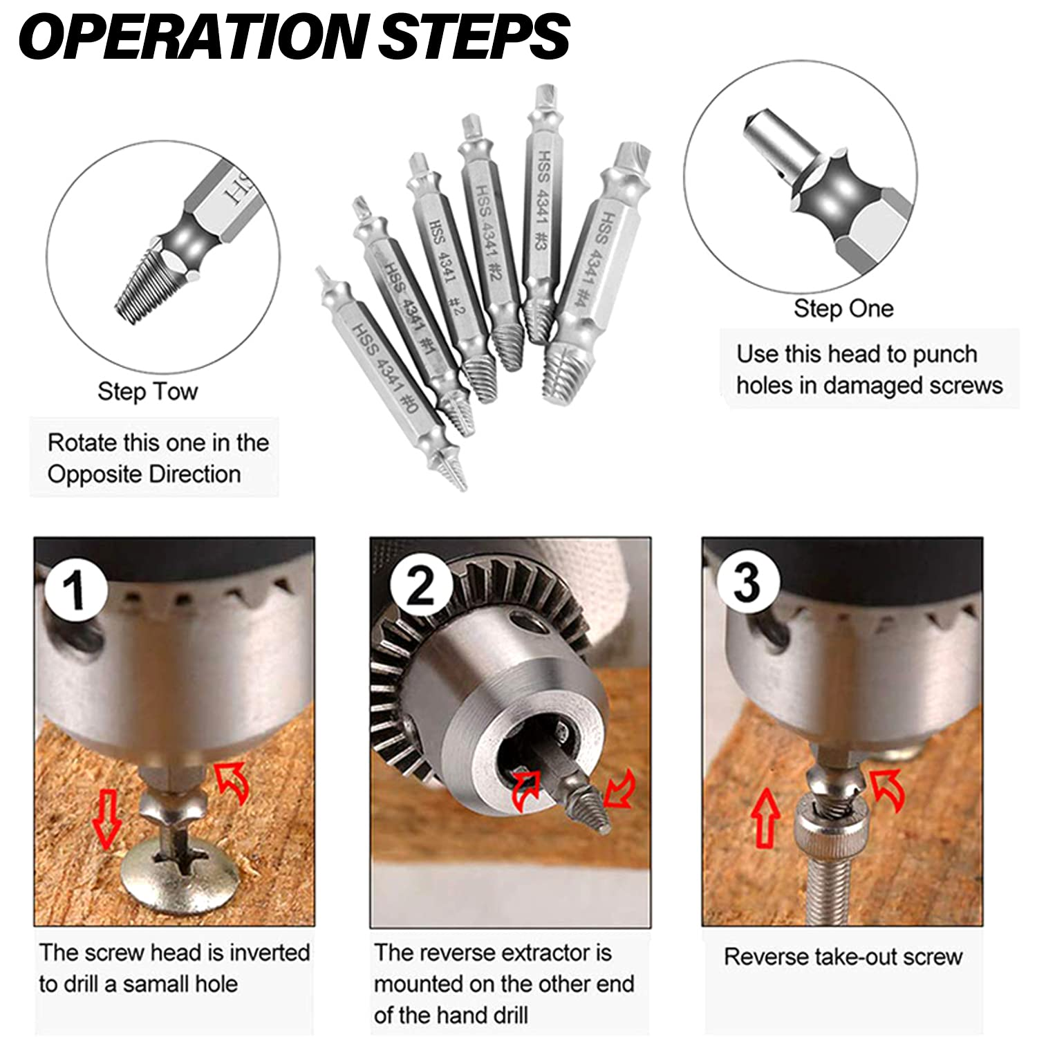 Yotsuba 6Pcs Damaged Screw Extractor Kit, Broken Bolt Remover Set, Removes Stripped Screws in 10 Sec, H.S.S 4341 Steel, 6 Count