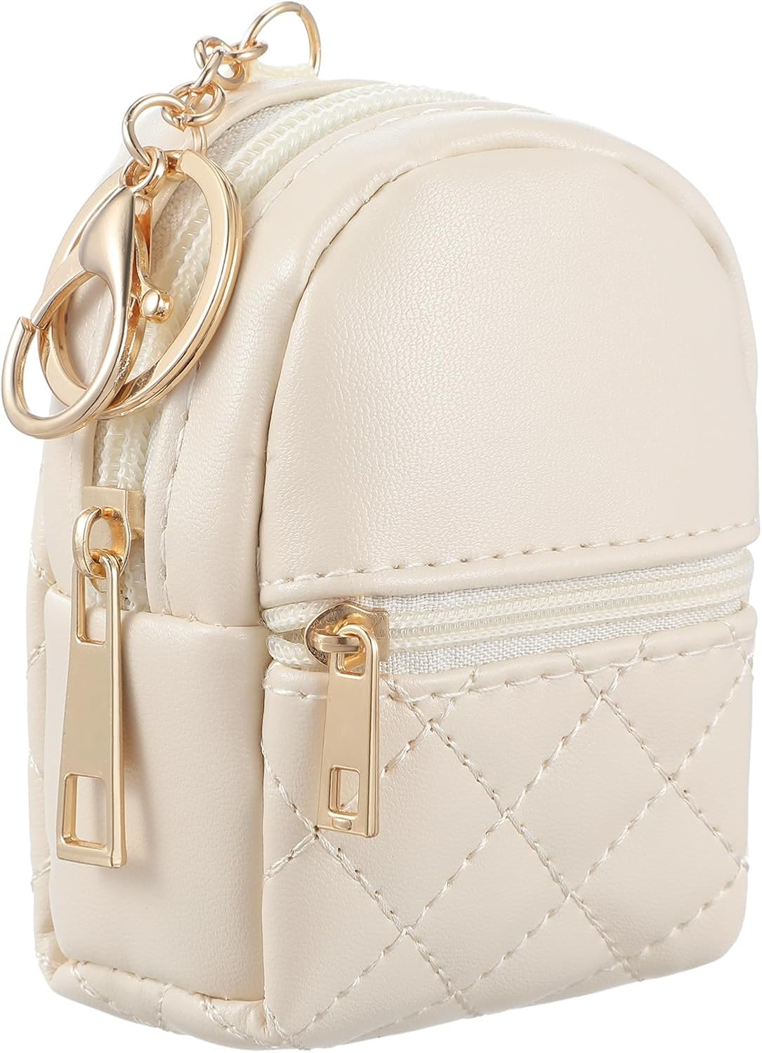 Mini Backpack Beige with Key Fob, Lipstick Case, Cosmetic Bag, Small Bag Shape and 2 Layers Zip Pocket, Pendant Can Be Used by Keys, Change or as a Pendant image number 5
