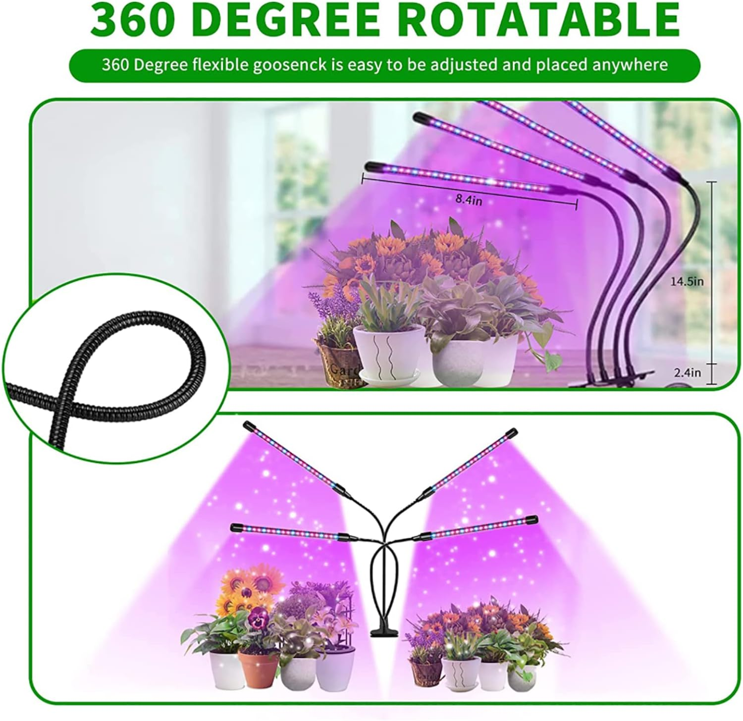 Grow Lights for Indoor Plants, Four Head LED Grow Light with Red & Blue Spectrum for Indoor Plant Growing Lamp, Adjustable Gooseneck, Suitable for Plants Growth (Adaptor NOT Included)