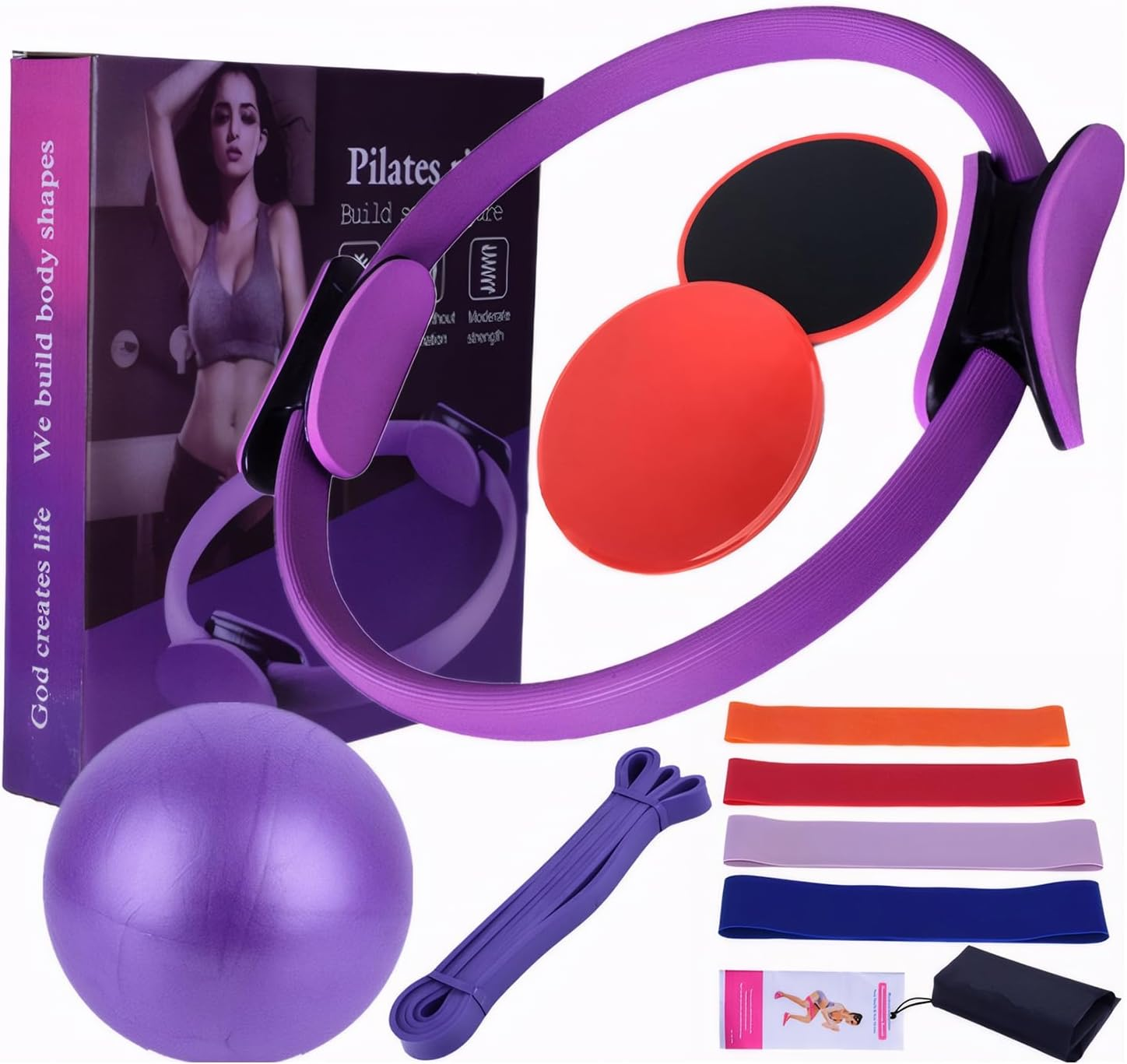 HOOMFIT Pilates Set,Portable Pilates Equipment,Home Fitness Kit,Yoga Sets for Core Training, Yoga and Hip Shaping（With Pilates Circle, Yoga Ball, Glide Plate, Etc. ）