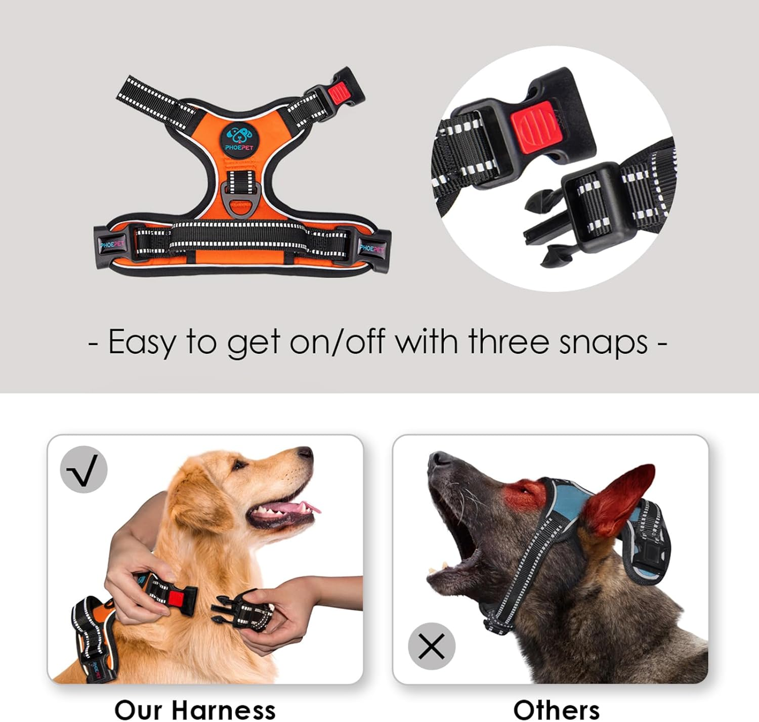 PHOEPET Reflective Dog Harness Large Breed Adjustable No Pull Vest Handle 2 Metal Rings 3 Buckles [Easy to Put on & Take Off](L, Orange) image number 3