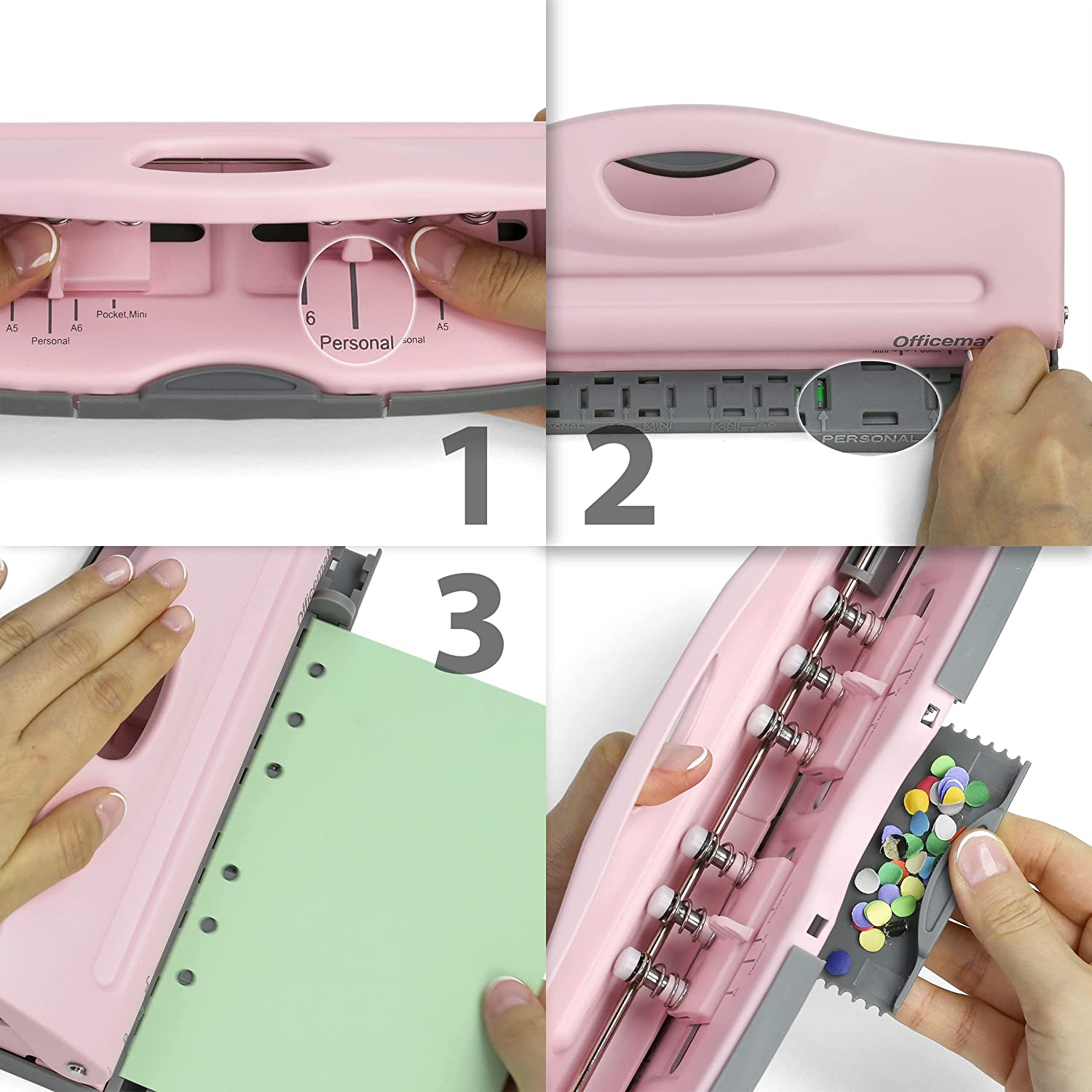 Officemate Adjustable 6-Hole Punch for Planners and Binders, 8 Sheet Capacity, Pink (90161) - Black image number 2
