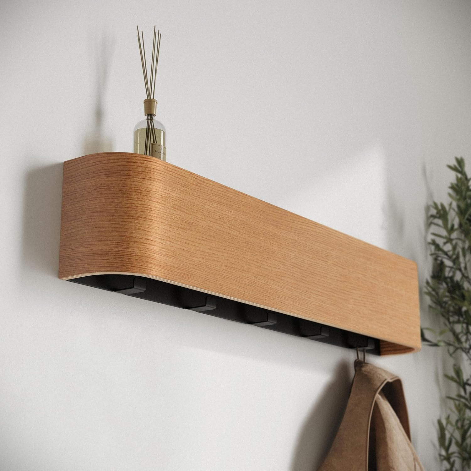Kazai. Wall-Mounted Coat Rack 'Toke' | Modern Design Coat Rack with Hidden Wall Hooks | Solid Wood Veneer Panel Coat Hanger | Oak image number 5