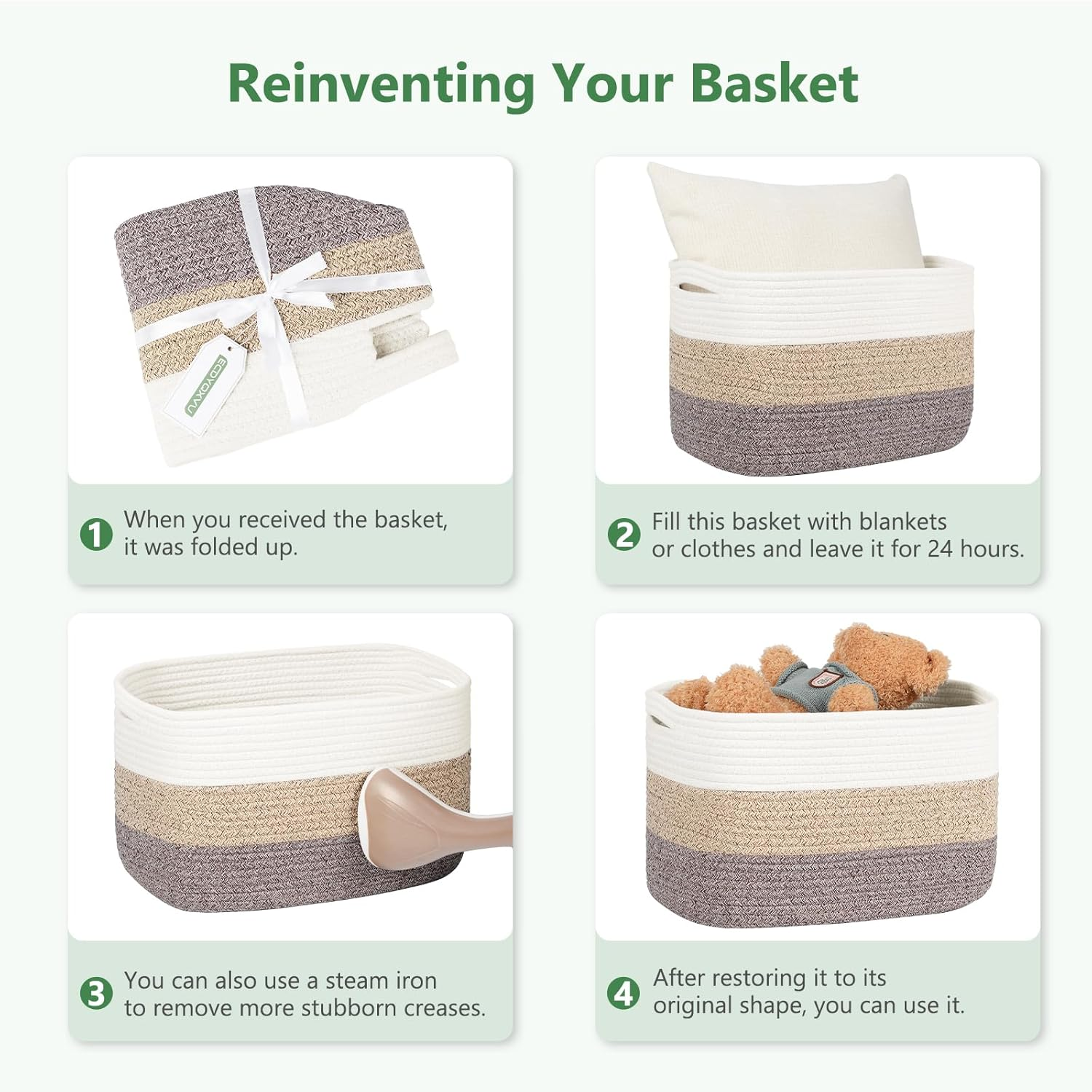 Cotton Rope Basket , Storage Baskets with Handle, 15X10X9 Inch Woven Basket for Shelves, Laundry, Towels, Clothes, Books, Toys (White, 3 Pack) image number 2