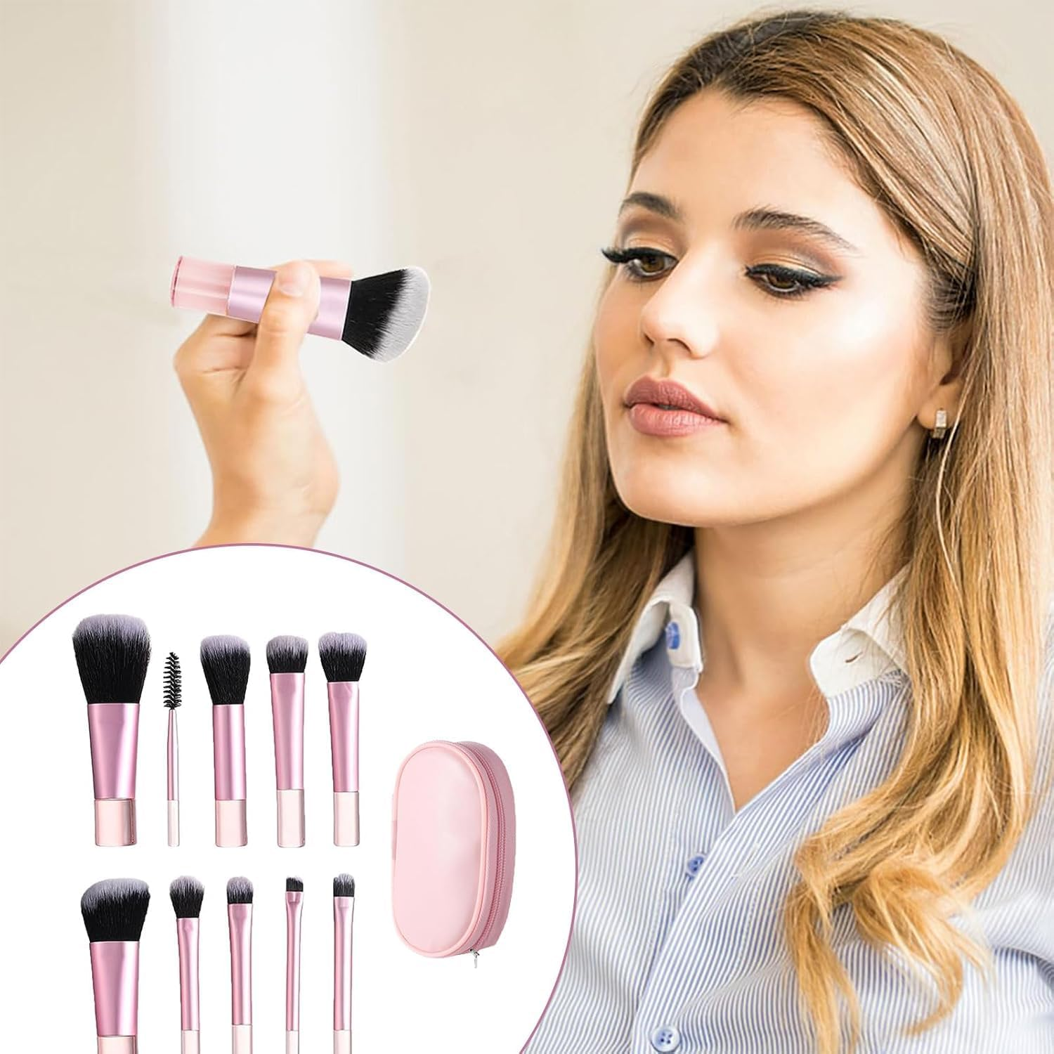 Travel Makeup Brush Set, 10 Pieces Travel Makeup Brush Set Makeup Brushes with Pouch,Mini Portable Makeup Brushes with Pouch for Women and Girls image number 1