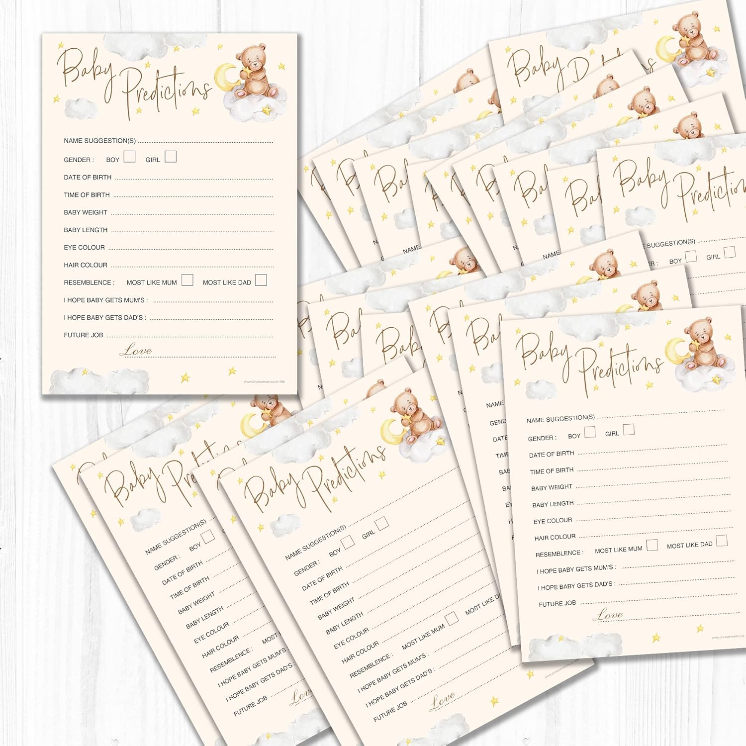 20 X A5 Baby Prediction Cards Teddy Bear Themed Baby Shower Game &ndash; Unisex &ndash; Made in the UK