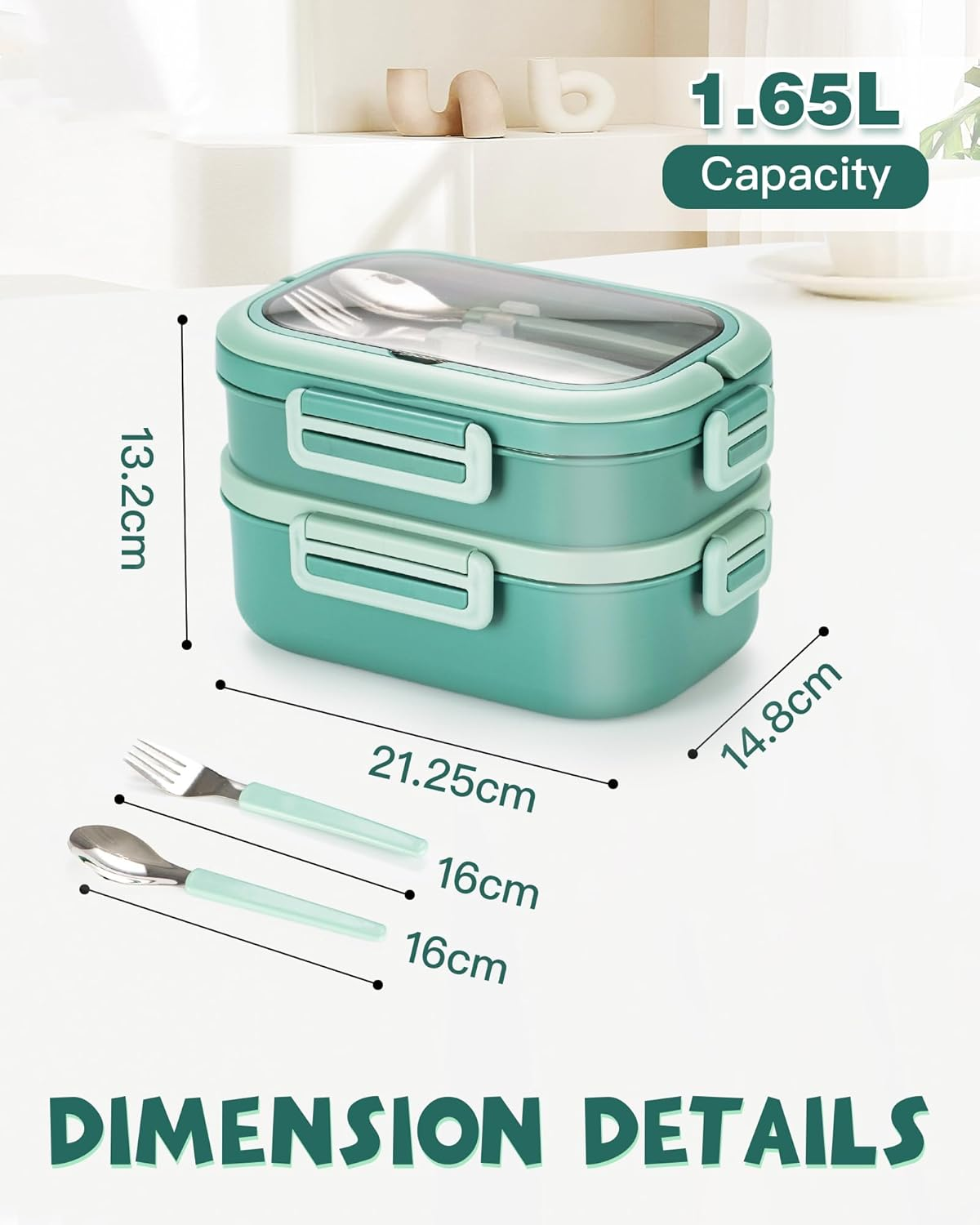 Lille Home Lunch Box, 2 Tier Bento Box with 4 Compartments 1650 ML Food Container with Cutlery Set, BPA Free, Leak-Proof(Green) image number 5