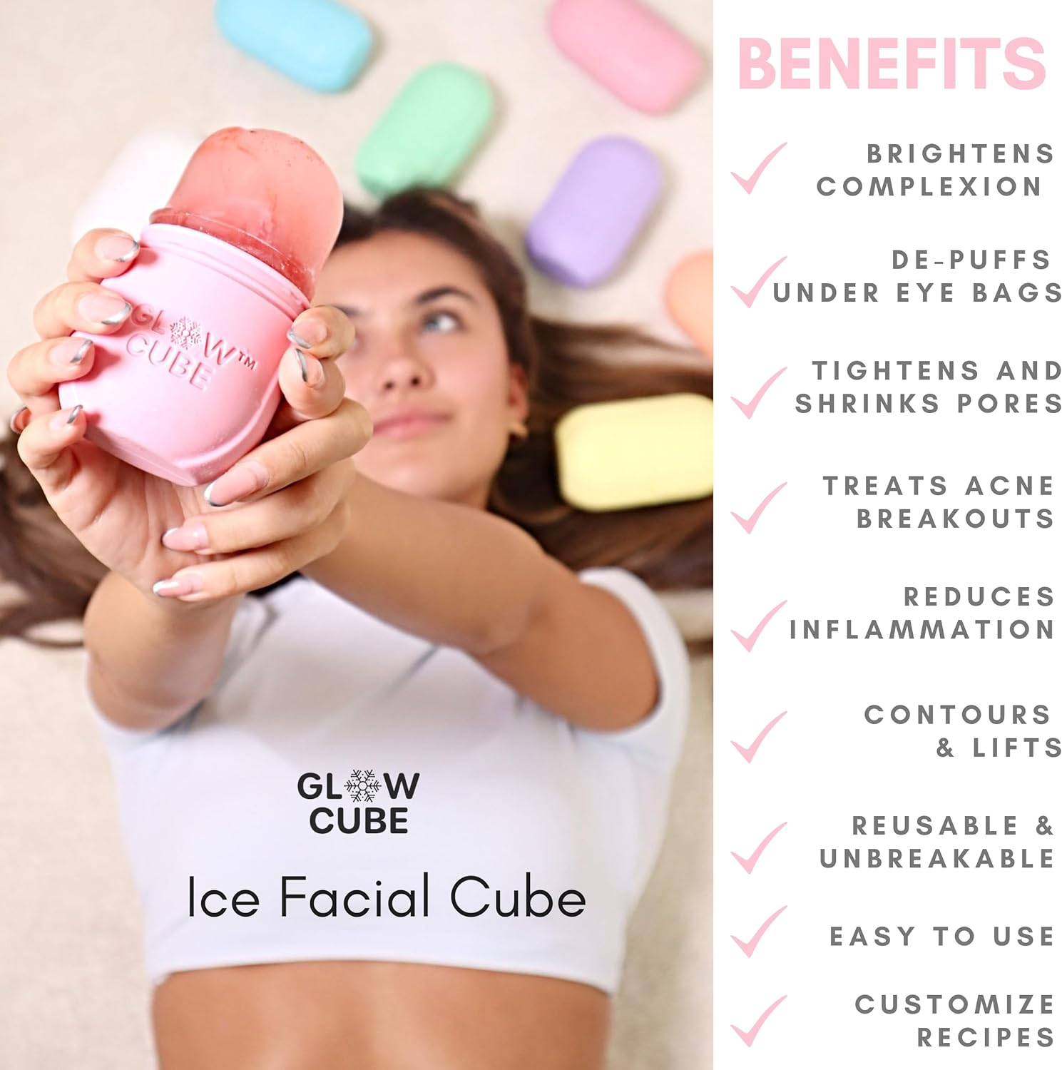 Glow Cube Ice Roller for Face Eyes and Neck to Brighten Skin & Enhance Your Natural Glow/Reusable Facial Treatment to Tighten & Tone Skin & De-Puff the Eye Area (Pastel Pink) image number 6