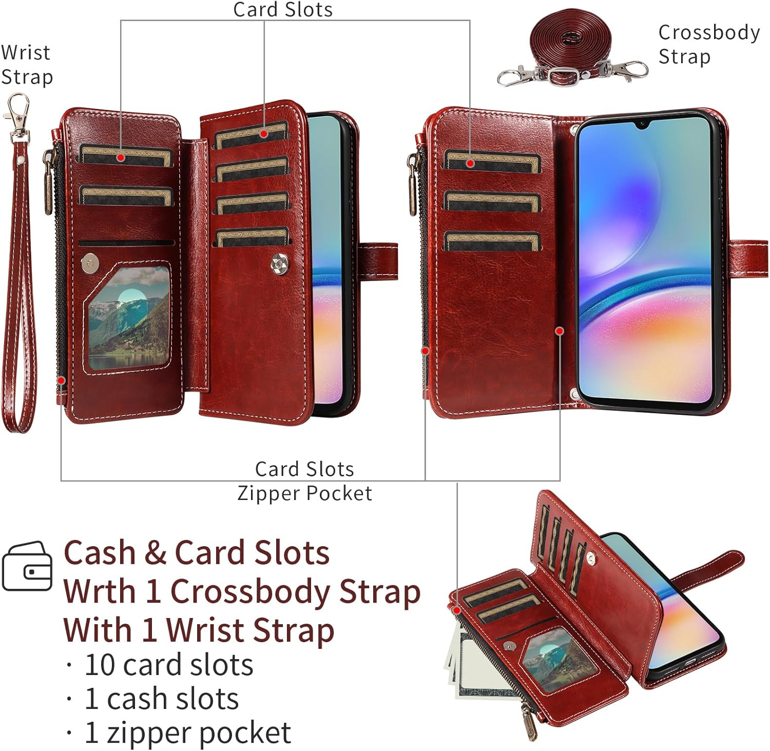 Asuwish Mobile Phone Case for Samsung Galaxy A05S/A05 Case with Strap Film Protective Film Card Slot Foldable Leather Wallet Stand Ao5S Ao5 a 05S 05 Mobile Phone Cases Protective Zip Phone Case Brown - Blue image number 5