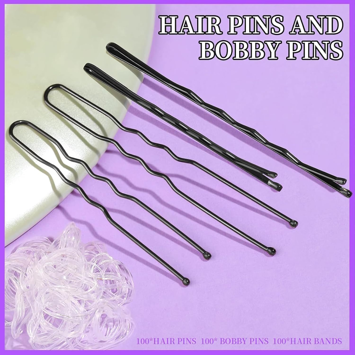 300 PCS Hair Pins Set, 100 Black Bobby Pins, 100 U-Shaped Hair Pins & 100 Clear Rubber Bands, Hairpins for Buns, French Pins, Hair Accessories for Women and Girls, Storage Case Included image number 1
