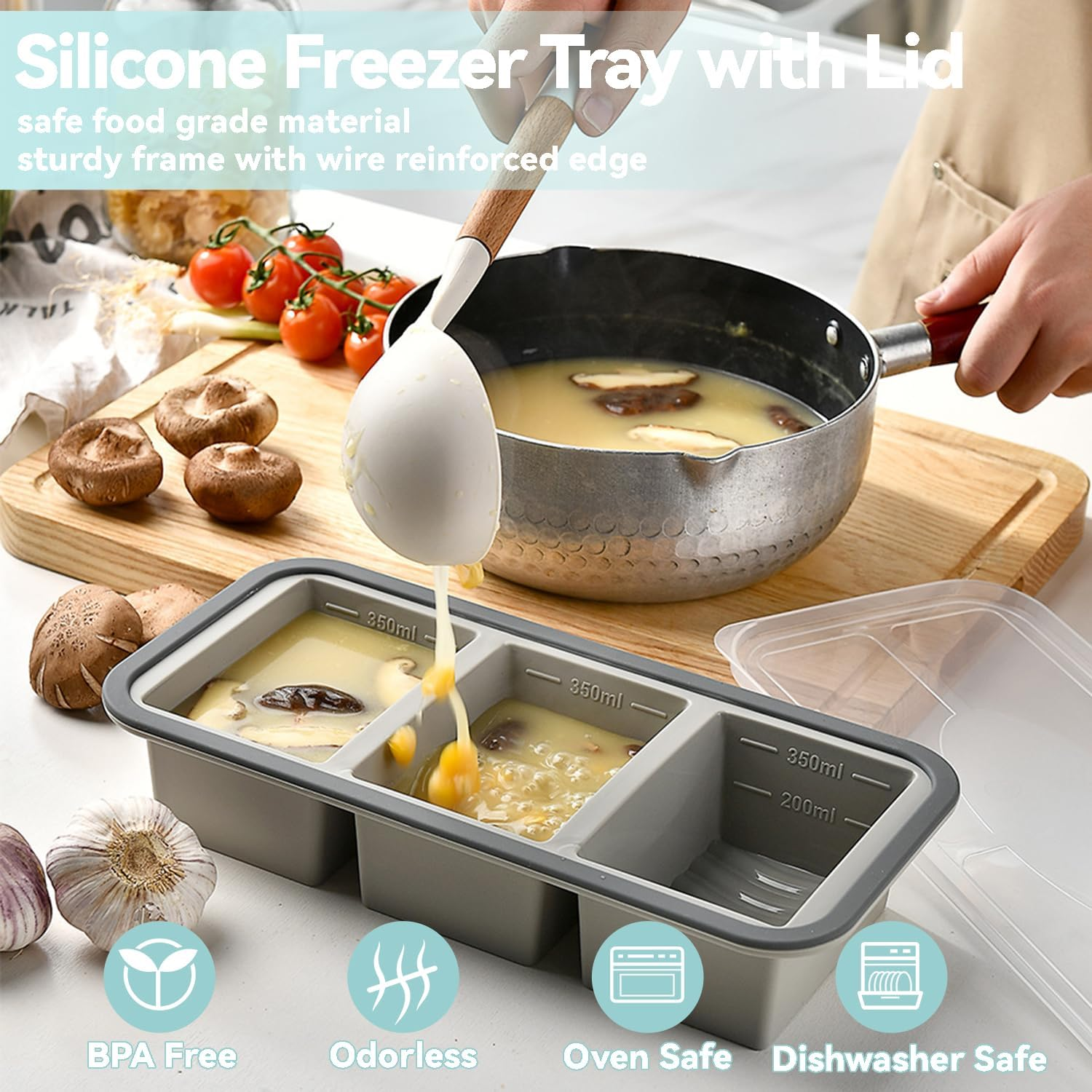 3 PACK Silicone Freezer Tray with Lids, Baby Food Freezer Containers, Oven Safe Dishwasher Safe, Multi-Size Freezer Moulds Ideal for Portioned Meal Prep Soup Leftovers Ice Cubes Baking (Blue) image number 3