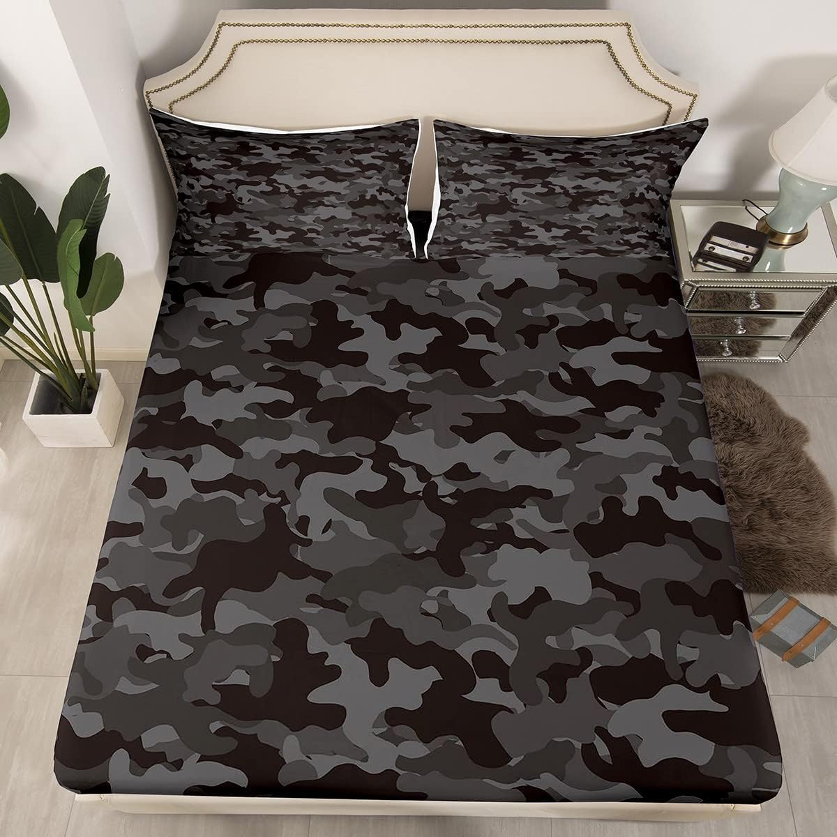 Army Camo Bedding Set, Black Camouflage Bed Sheets for Kids Boys Teens Adult Men, Military Camo Fitted Sheet Black Grey Lightweight Fitted Bed Sheets, 1 Fitted Sheet + 2 Pillow Cases, Full Size&hellip; image number 3