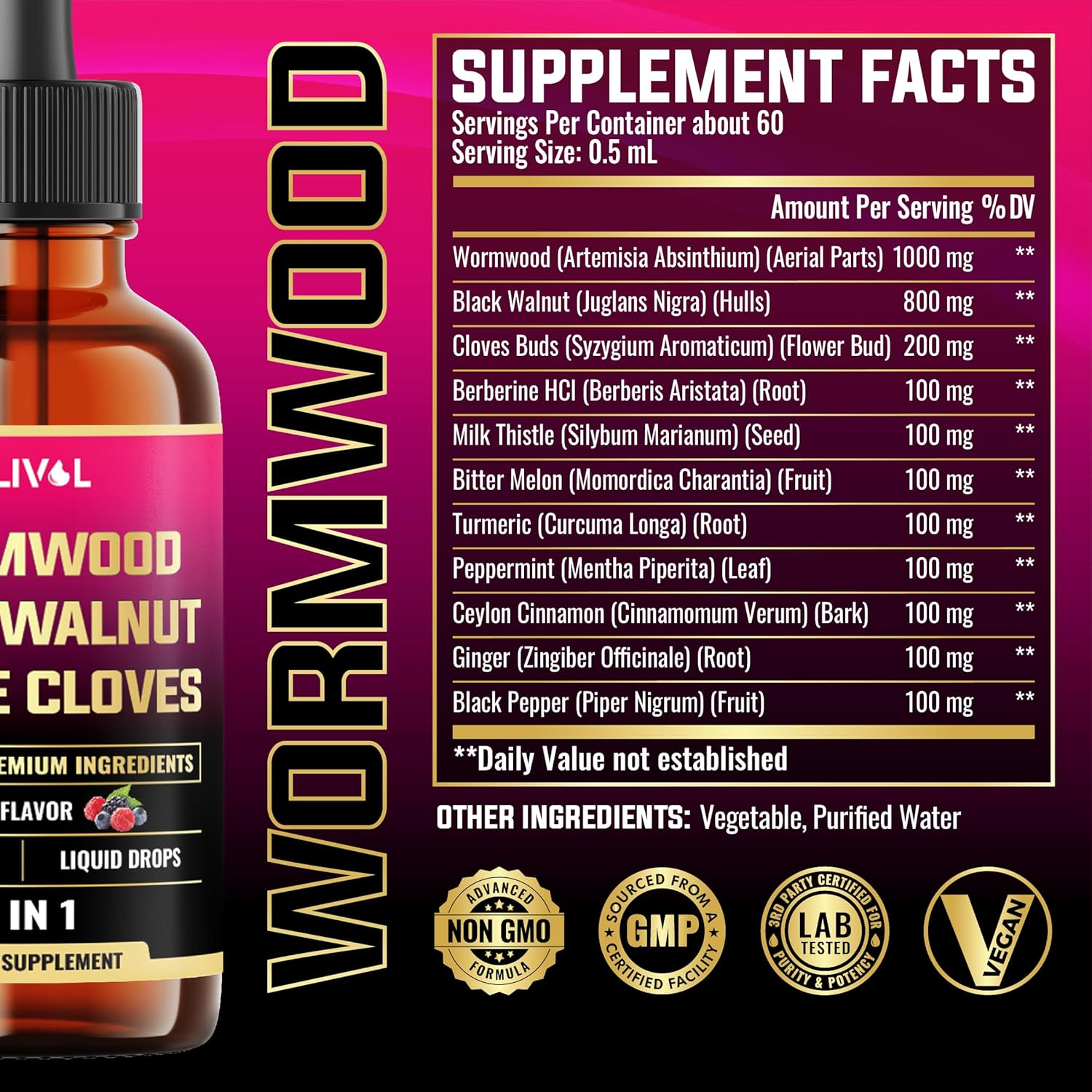 [2 Packs of 1Fl Oz 11In1 Liquid Drops Black Walnut Wormwood Tincture Extract with Whole Cloves, Berberine and 8 More - 4 Months Supply - Berry Mix Flavor image number 3