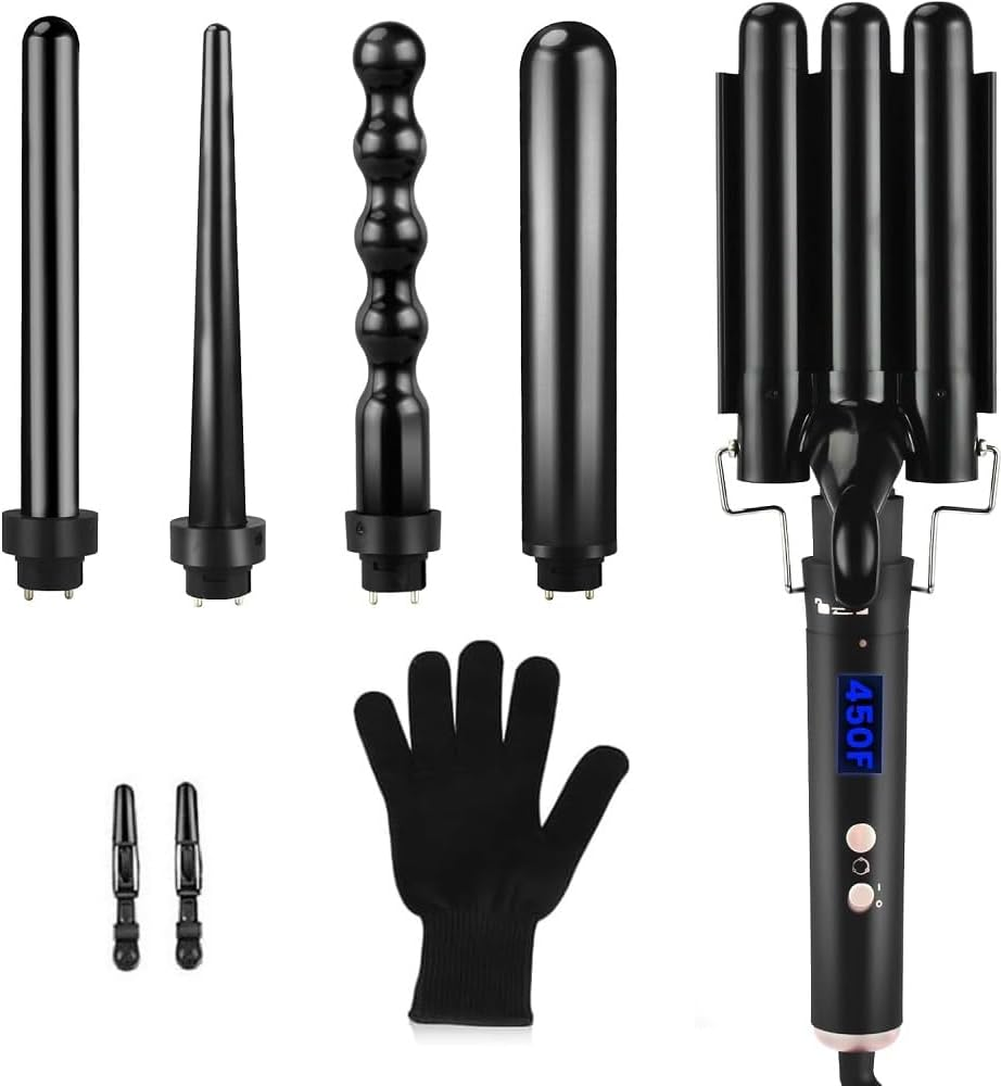 Waver Curling Iron Wand, 5 in 1 Curling Wand Set with LCD Digital Display & Temp Control, 3 Barrel and 4 Interchangeable Ceramic Hair Wand Hair Curler for All Hair Types, Glove & 2 Clips (Brown)
