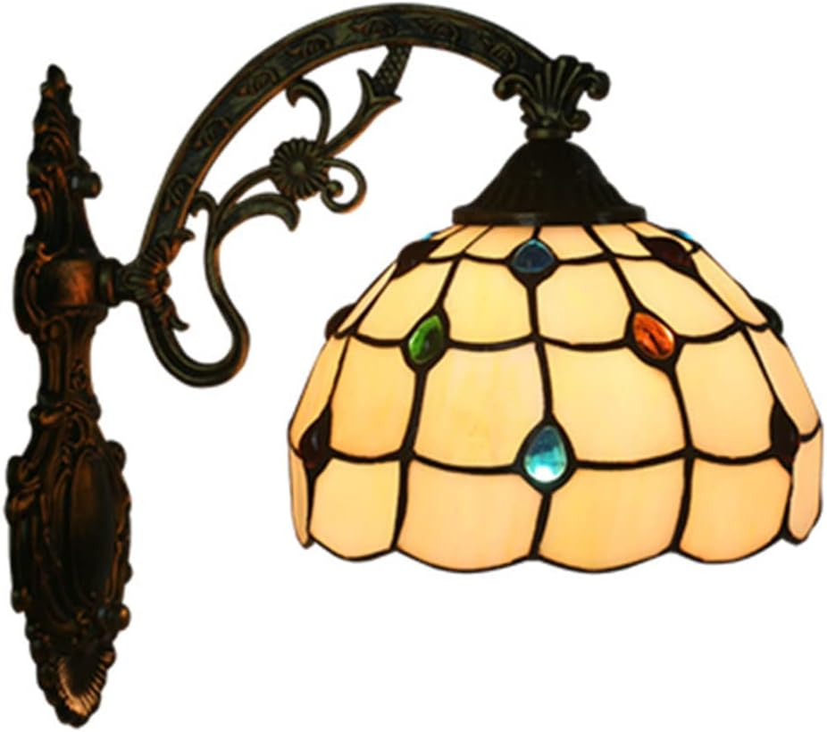 Retro Tiffany Style Wall Light, 8" Wide Rose Stained Glass Creative Multi-Colored Decorative Wall Lighting Fixtures for Living Room Bedroom Corridor Stairs,B XXZ image number 5