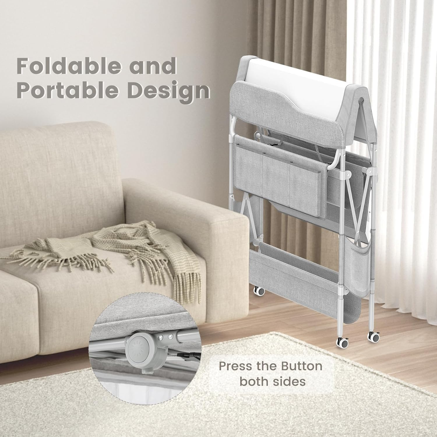 Portable Baby Changing Table, Folding Mobile Nursery Organizer with Wheels, Waterproof Diaper Station Pad Topper for Infant, Large Storage Rack&Adjustable Height image number 5