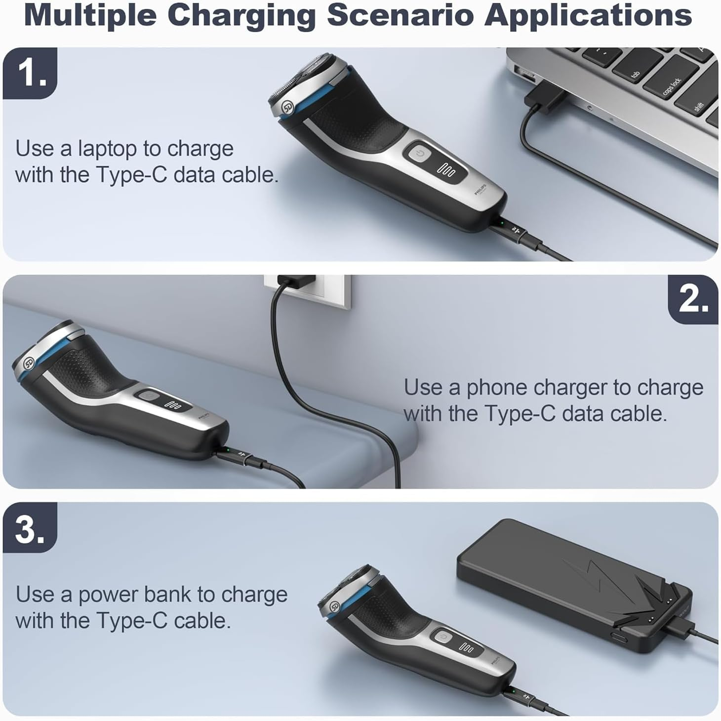 [2 Pack] T Tersely 5V Type C Shaver Adapter Charging Converter for Philips One Blade QP2724 QP2834, MG7910 MG5910 MG9510, 2000 2400 3600 Series Norelco, USB Cord for Philips Series 3000 5000 7000 9000 image number 1